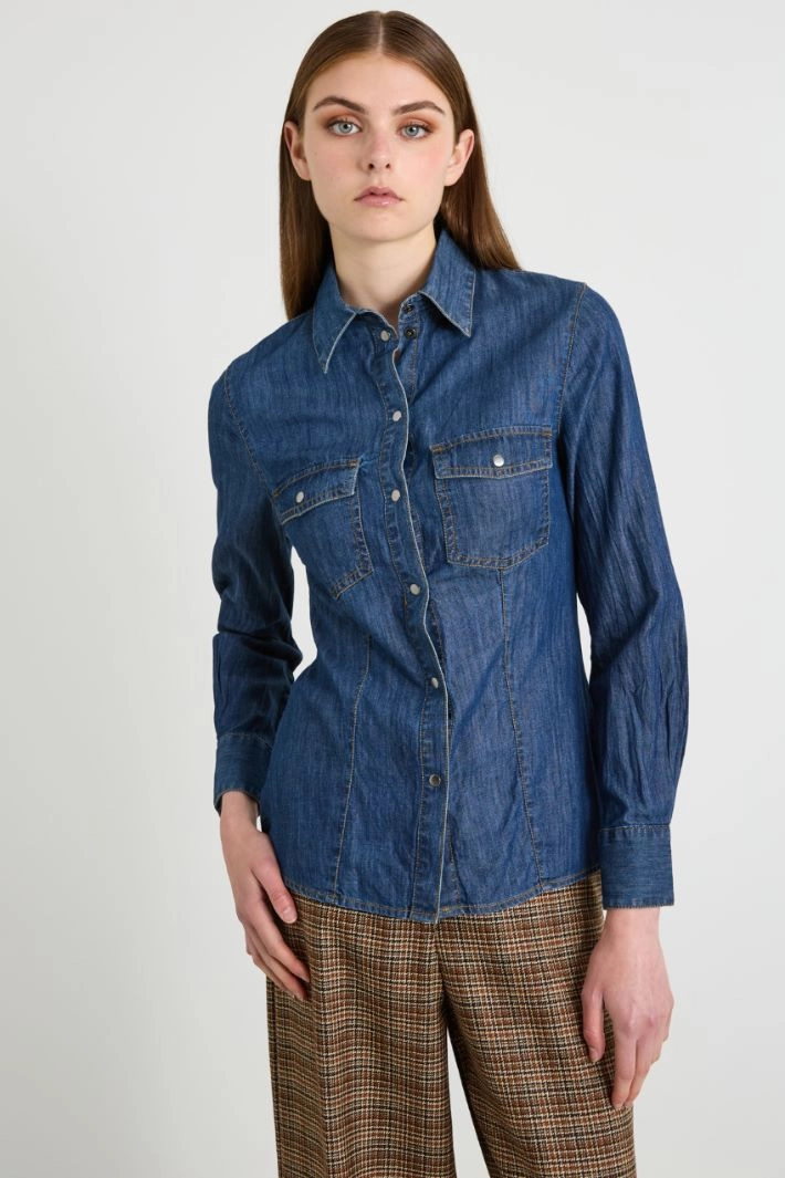 Lightweight denim slim shirt - BLUE