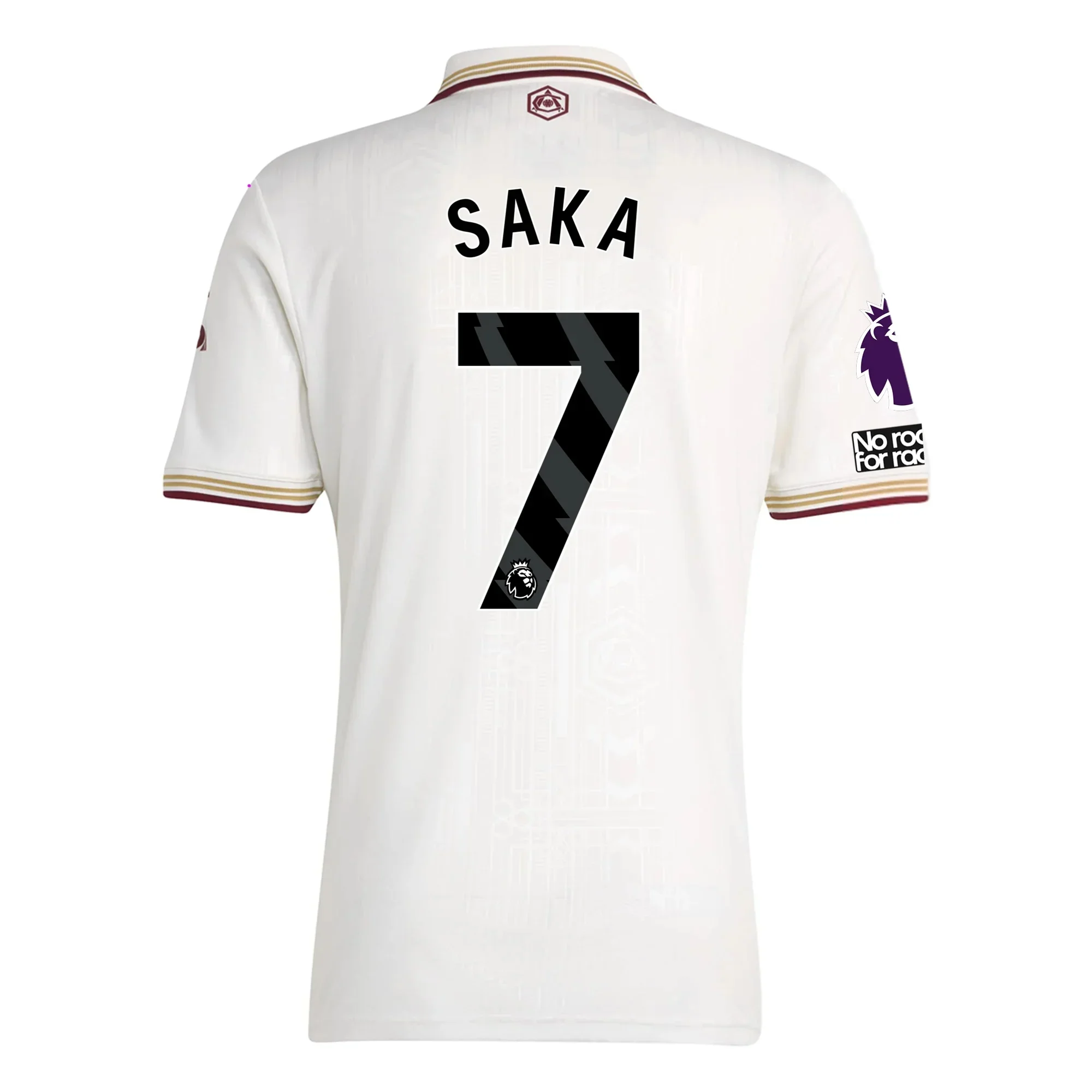 Saka Men's Arsenal FC Third Jersey 25/26 w/ NRFR + EPL Patches (White/Burgundy)