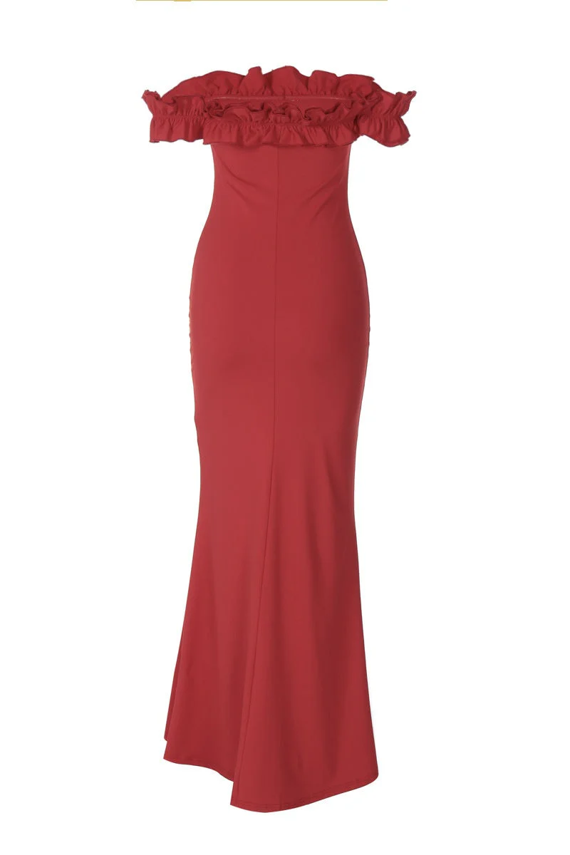 Ruffle Off the Shoulder Red Fitted Dress