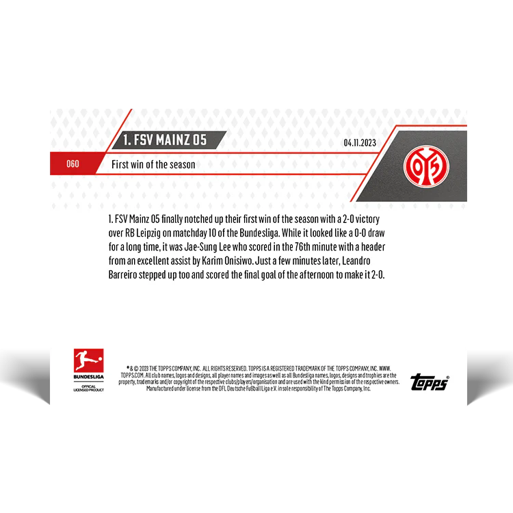 Topps UK - 1. FSV Mainz 05 - First win of the season - Bundesliga TOPPS NOW® Card #60