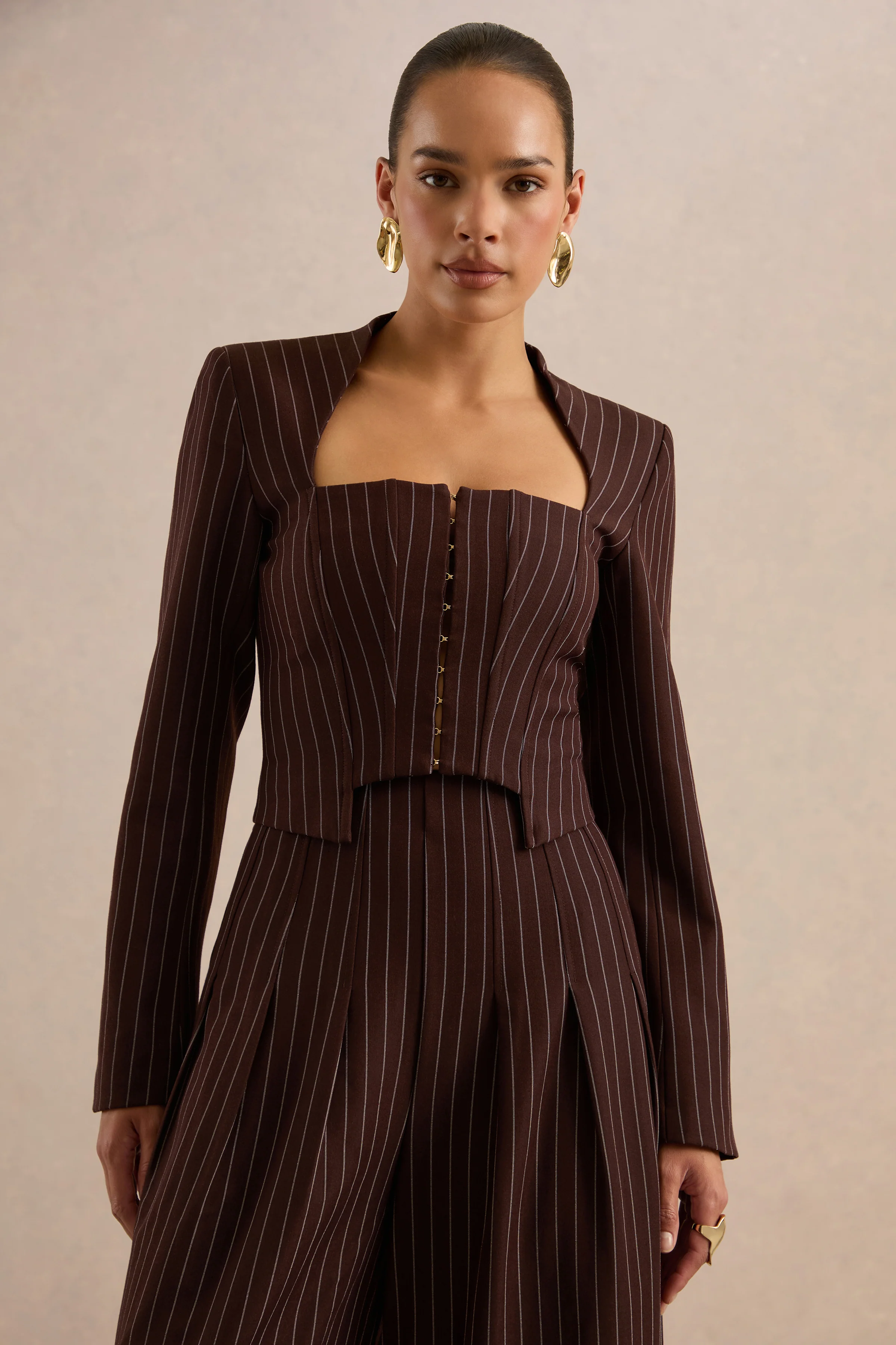 Genara | Brown Pinstripe Square Neck Long Sleeve Tailored Top