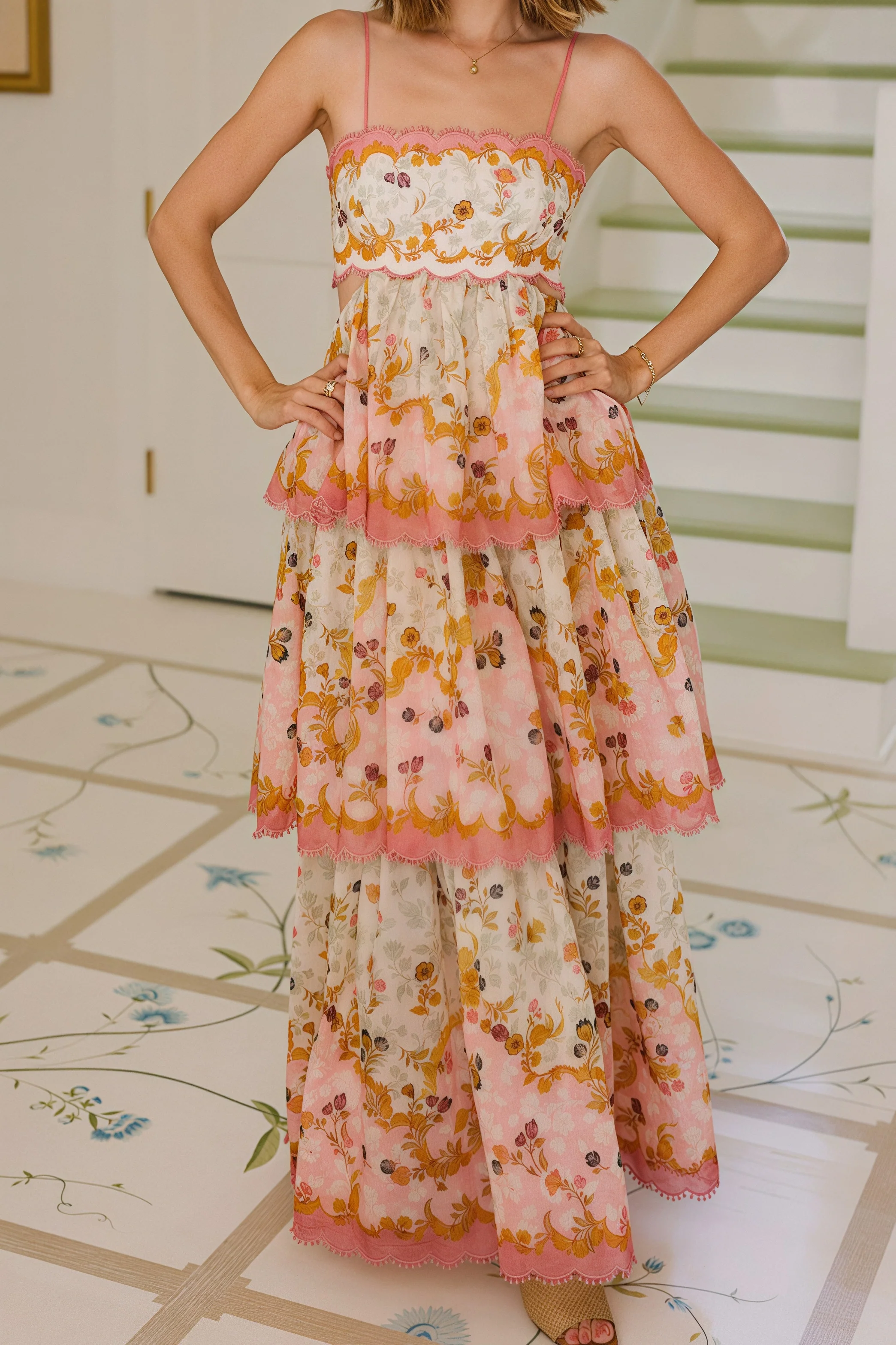 Fashion Tiered Spaghetti Strap Tassel Cutout Waist Embroidered Maxi Dress