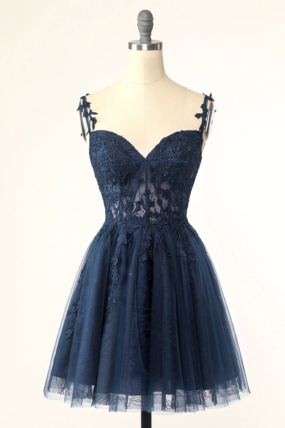 Navy Blue A-line Lace Appliques Short Homecoming Dress