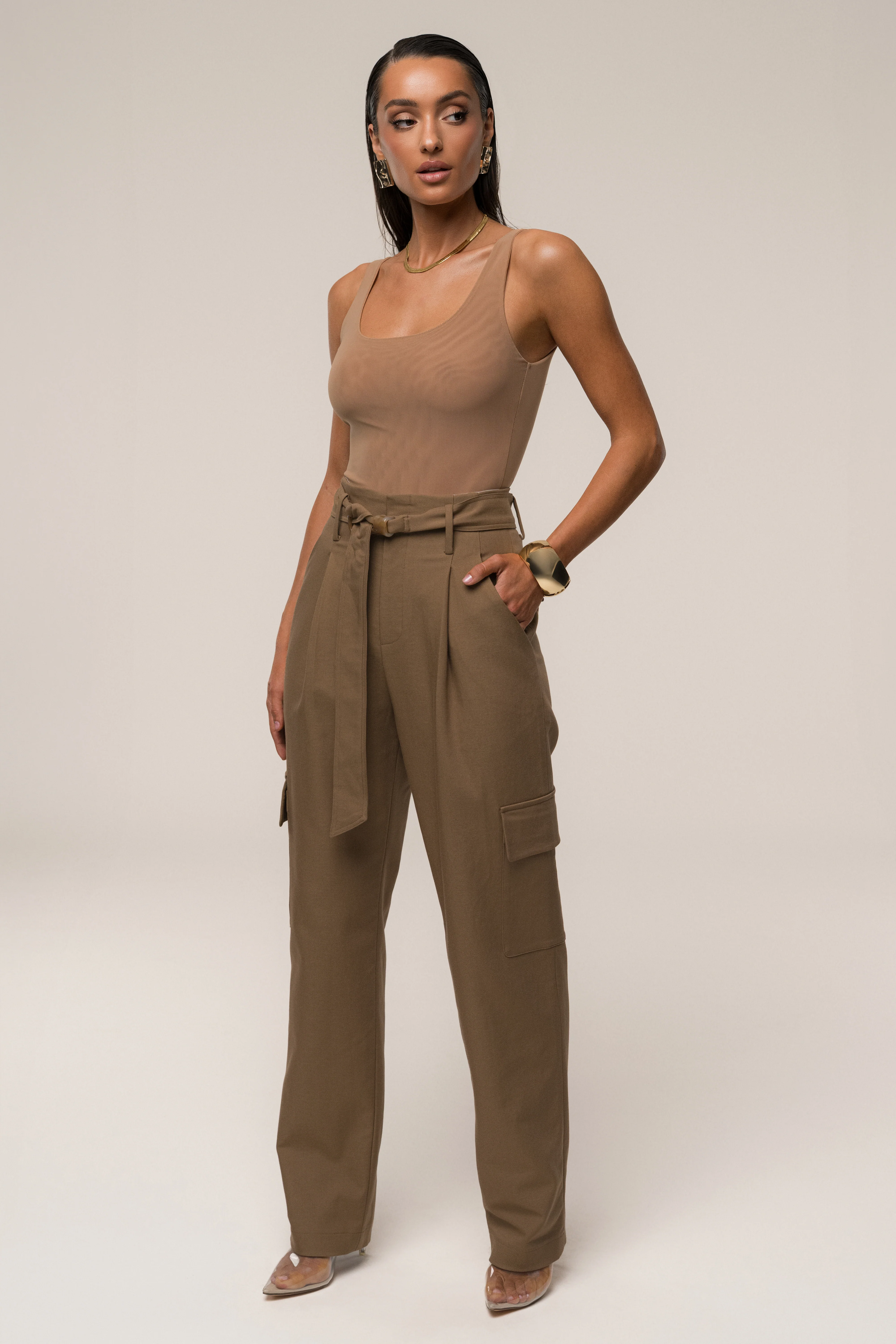 Tan Alexis Belted Cargo Pants