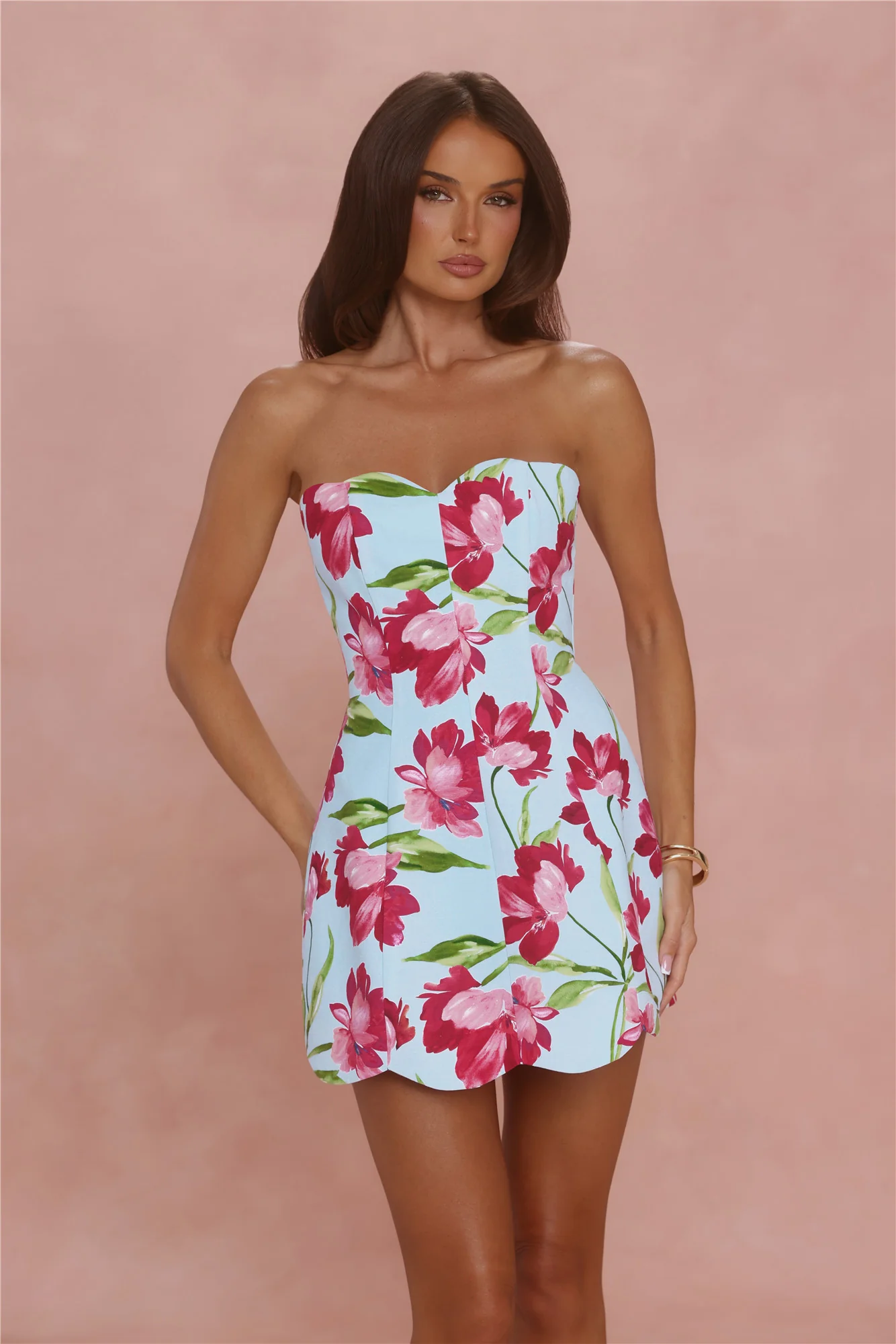 Crimson Bloom Strapless Mini Dress Blue