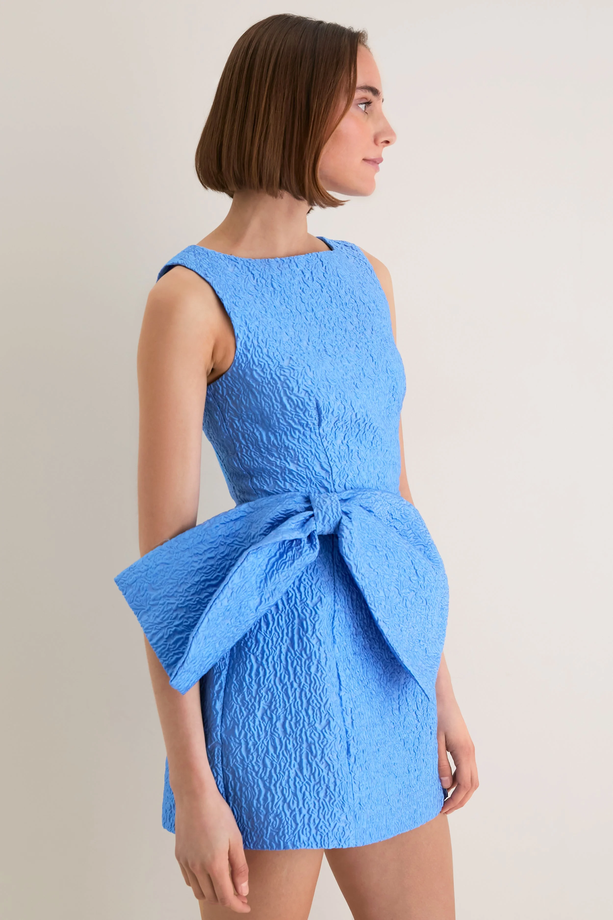 Blue Jacquard Briallen Bow Mini Dress