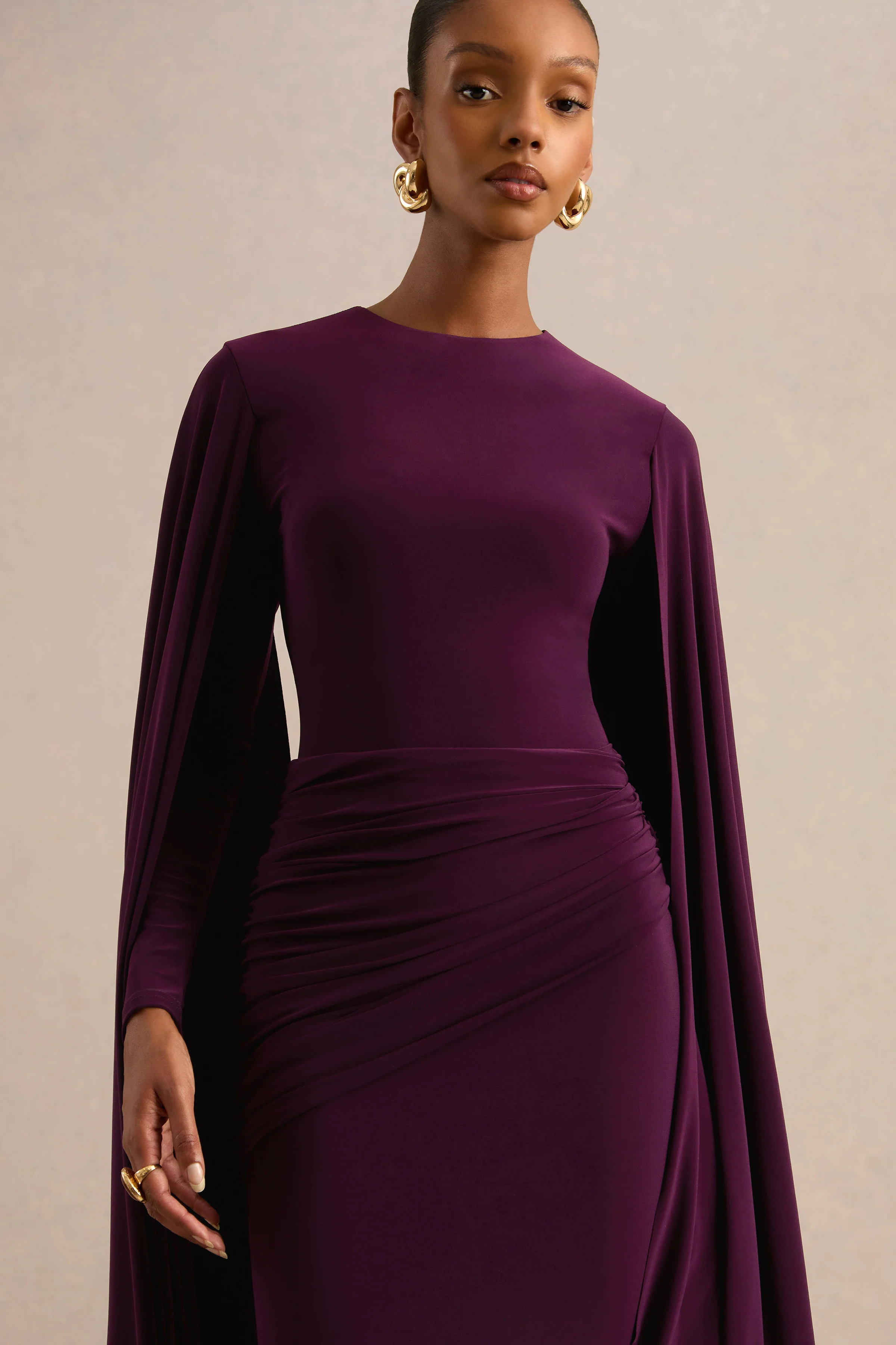 Sonaria | Purple Jersey Round Neck Long Sleeve Maxi Dress With Cape Sleeves And Draped Detailing