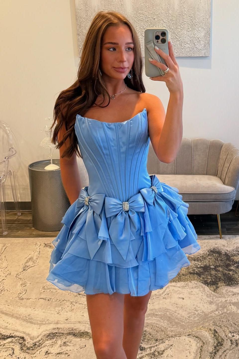 Strapless Blue Ruffle Tiered Short Dress with Bow