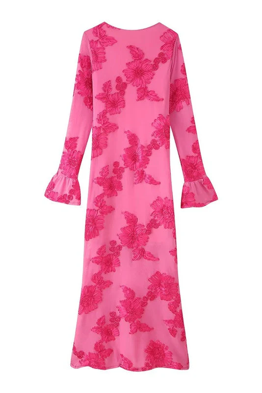 Flare Long Sleeves Hot Pink Floral Long Dress