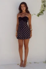 KADIE OFF SHOULDER MINI DRESS - BLACK/WHITE POLKA