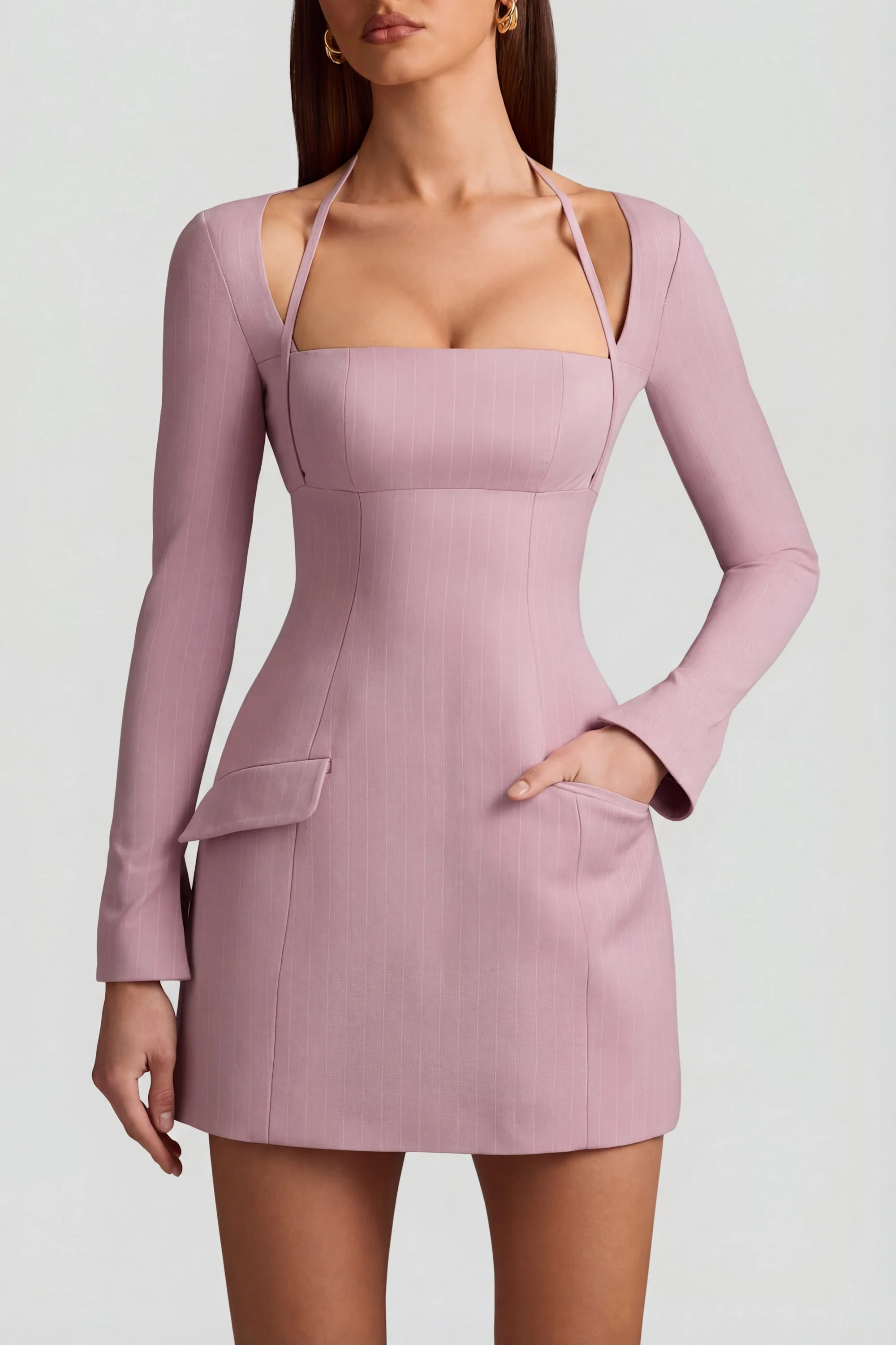 Pinstripe Structured A-Line Mini Dress in Mauve