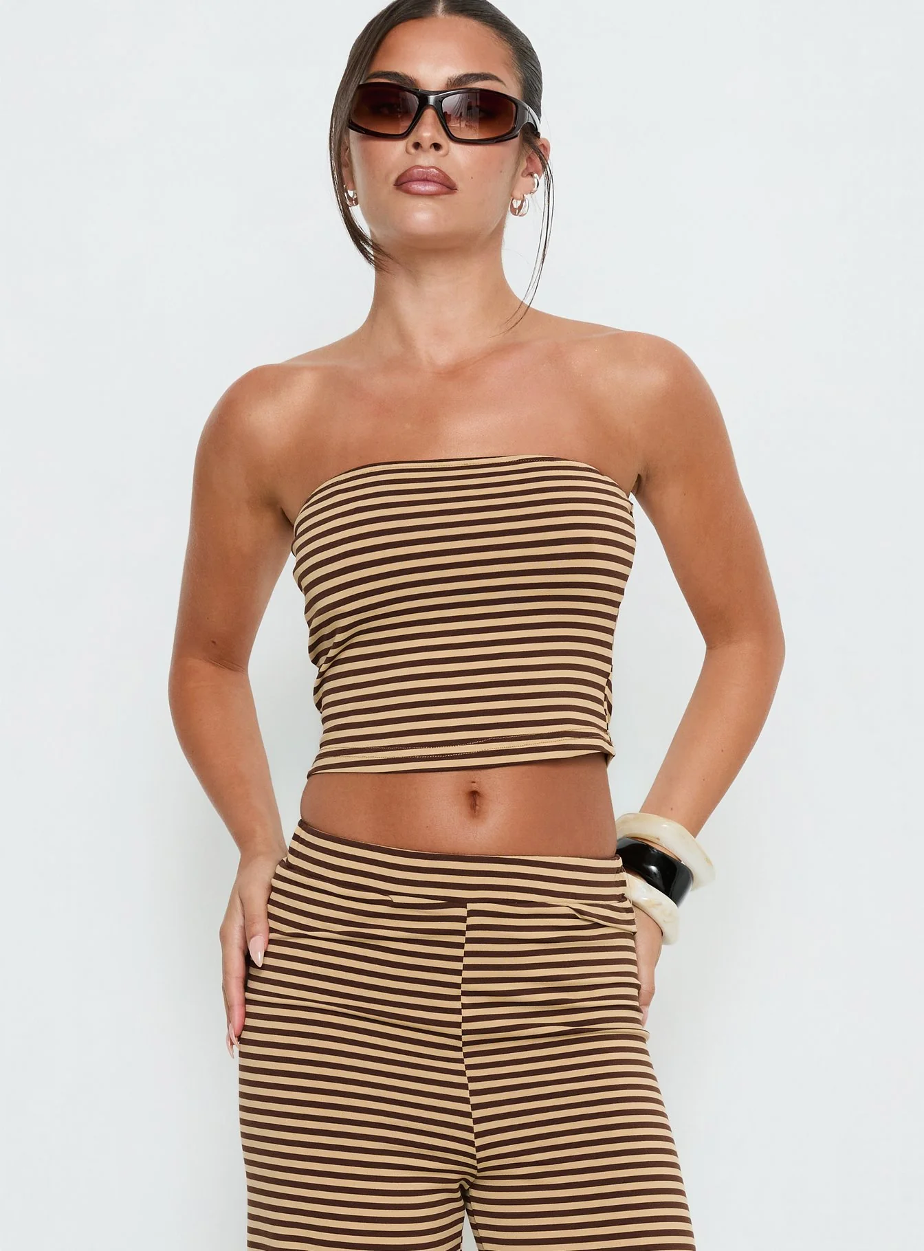 Timora Strapless Top Brown Stripe