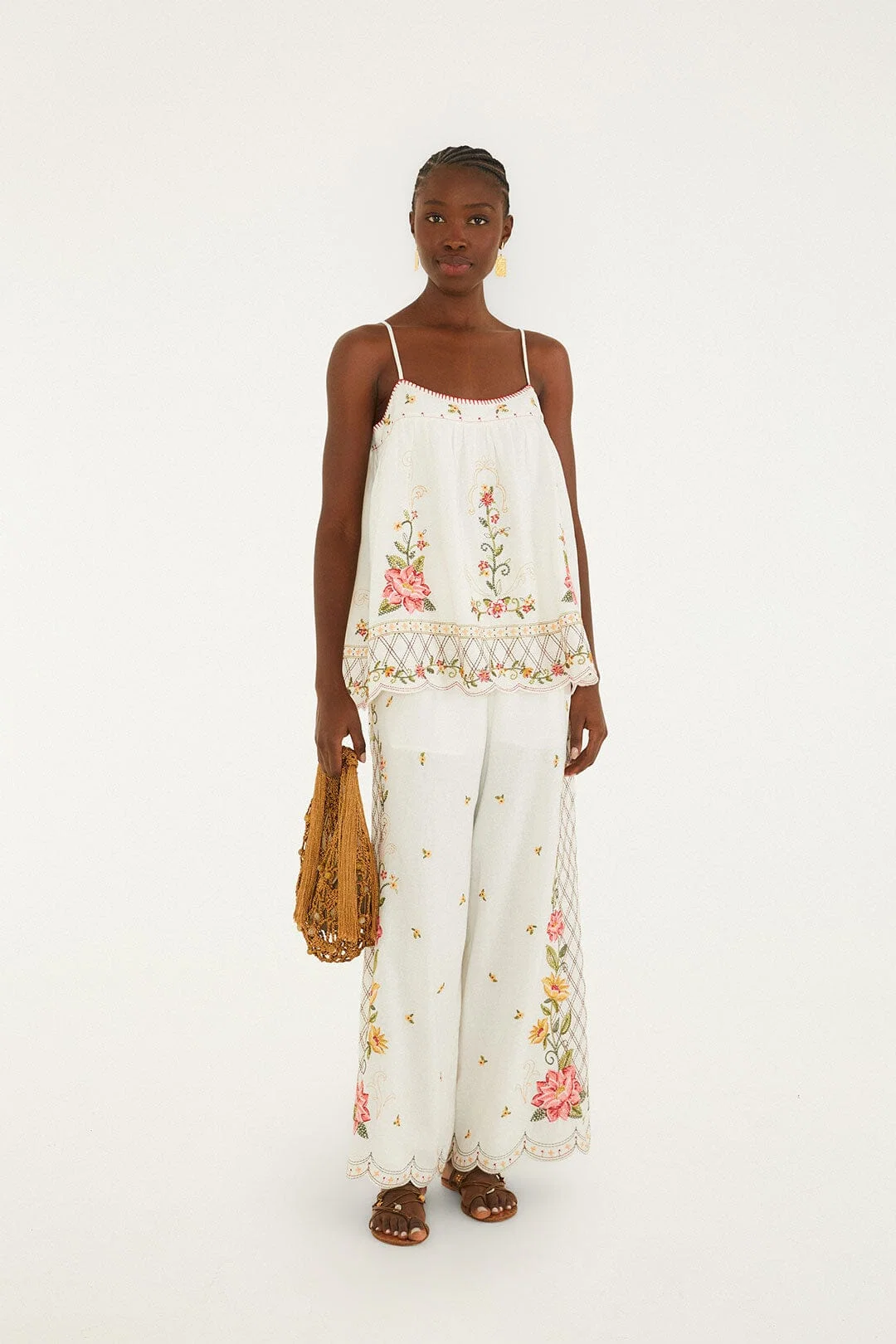 Off-White Flower Embroidery Open Back Sleeveless Blouse