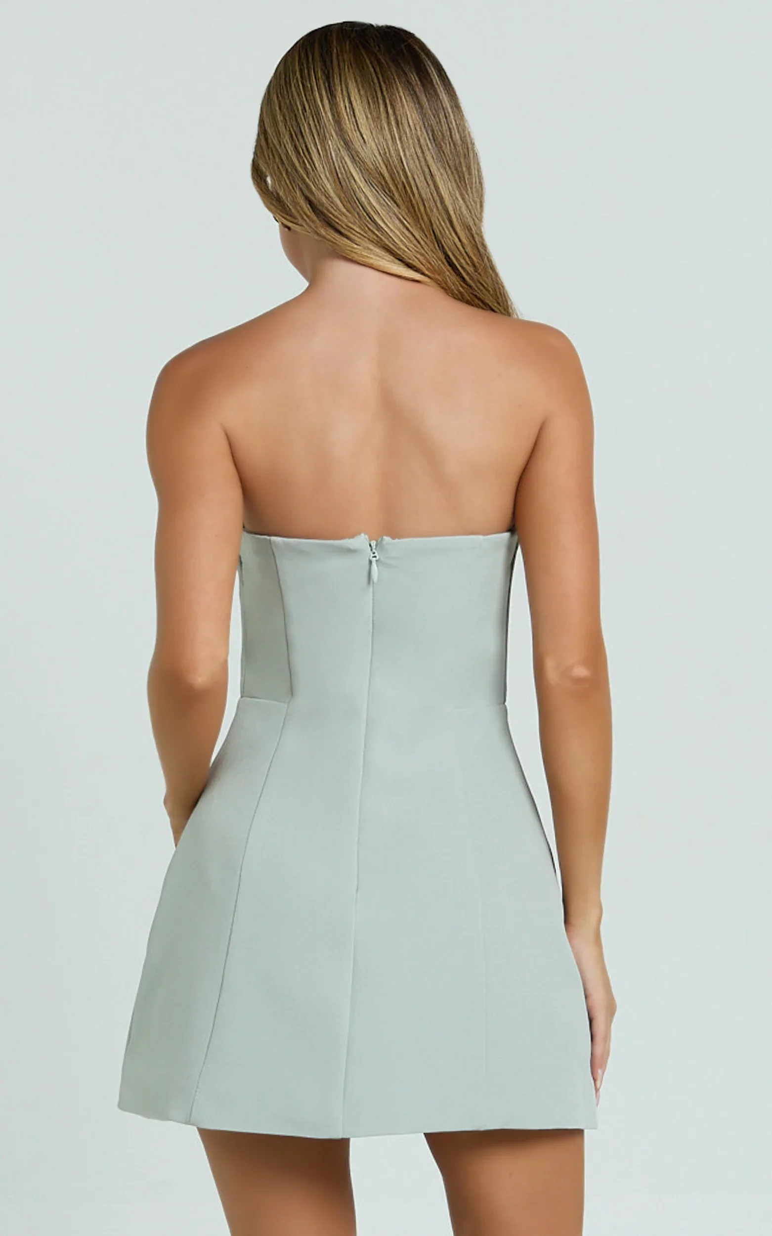 Catharine Mini Dress - Strapless A Line Dress in Sage