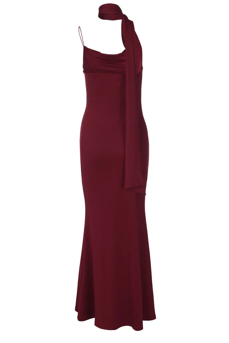 Halter Burgundy Cowl Neck Fitted Long Dress