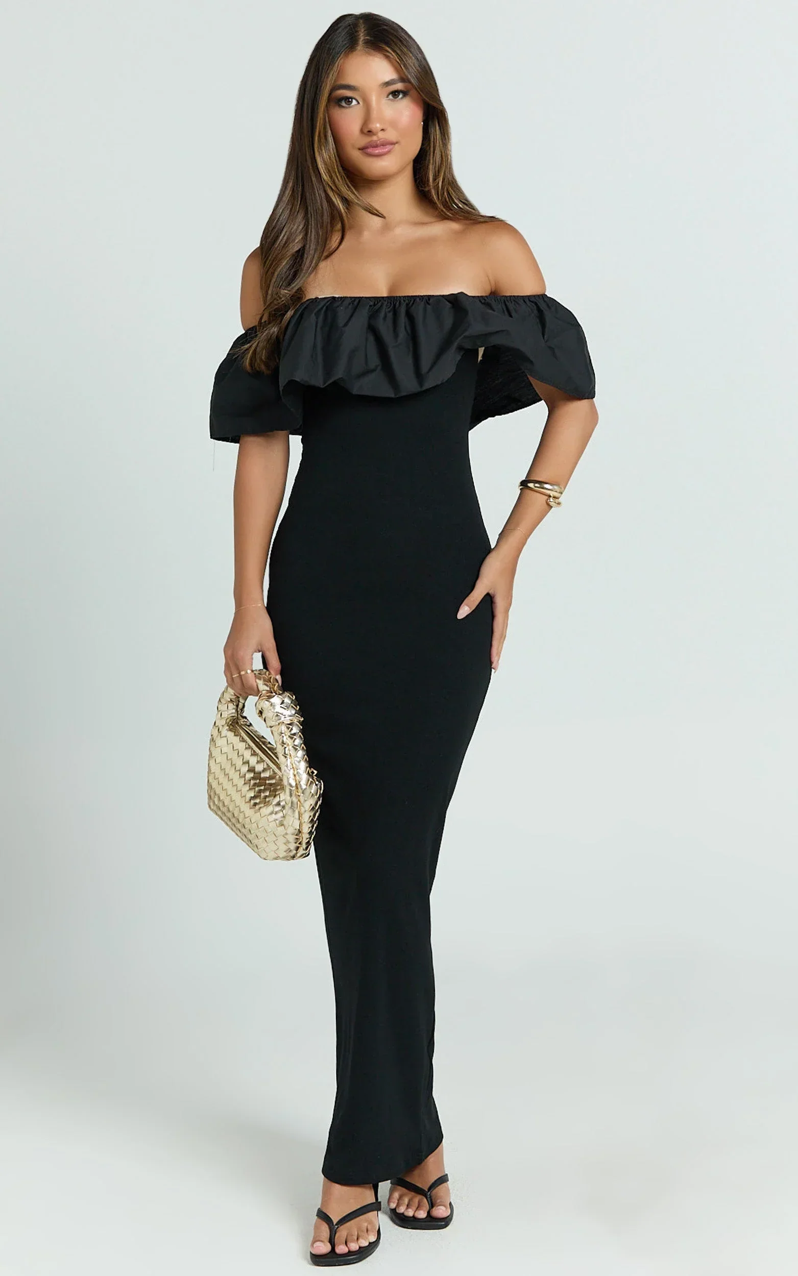Carol Maxi Dress - Off Shoulder Frill Neckline Dress in Black