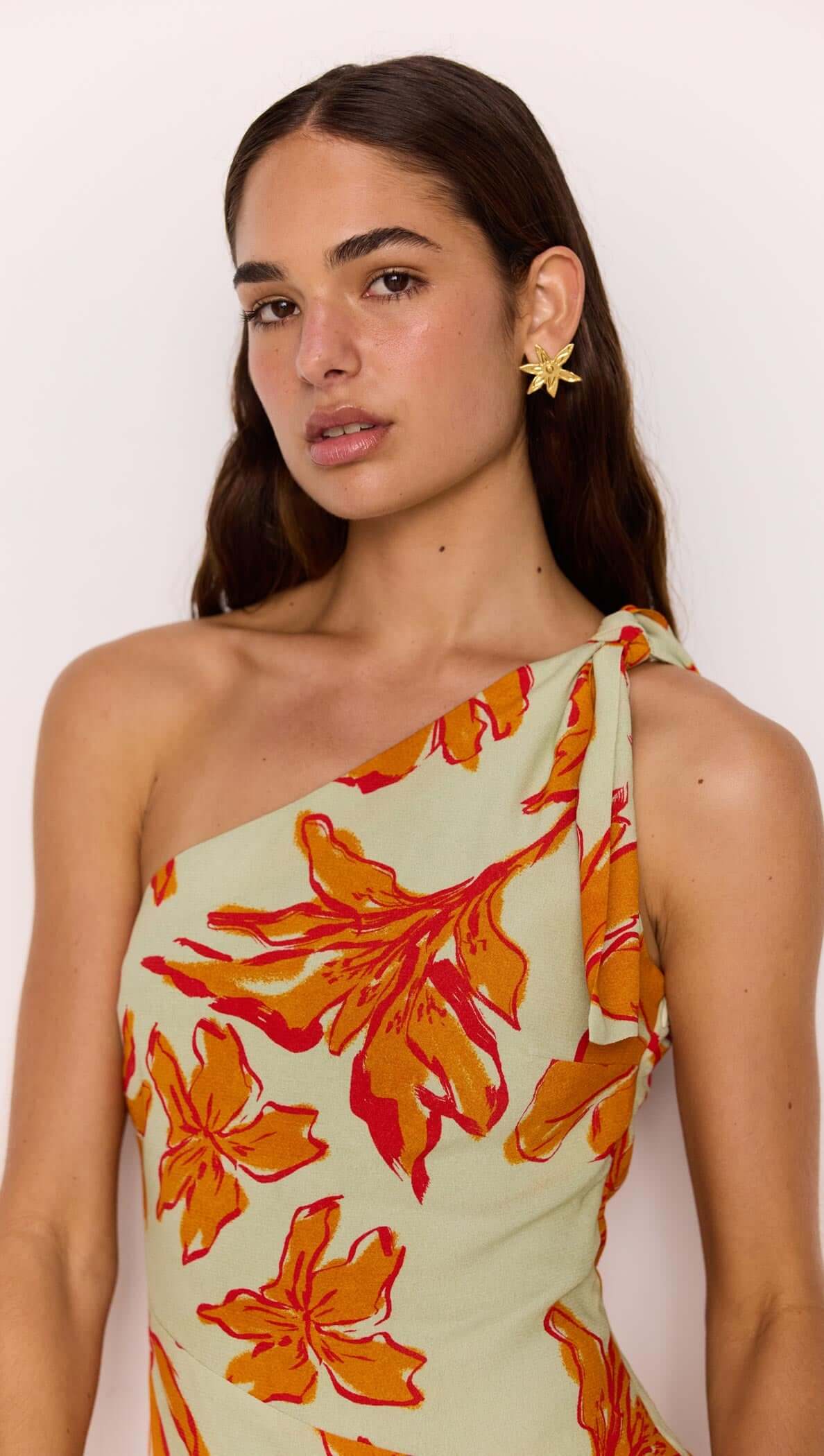 Green & Orange Floral Asymmetric Mini Dress