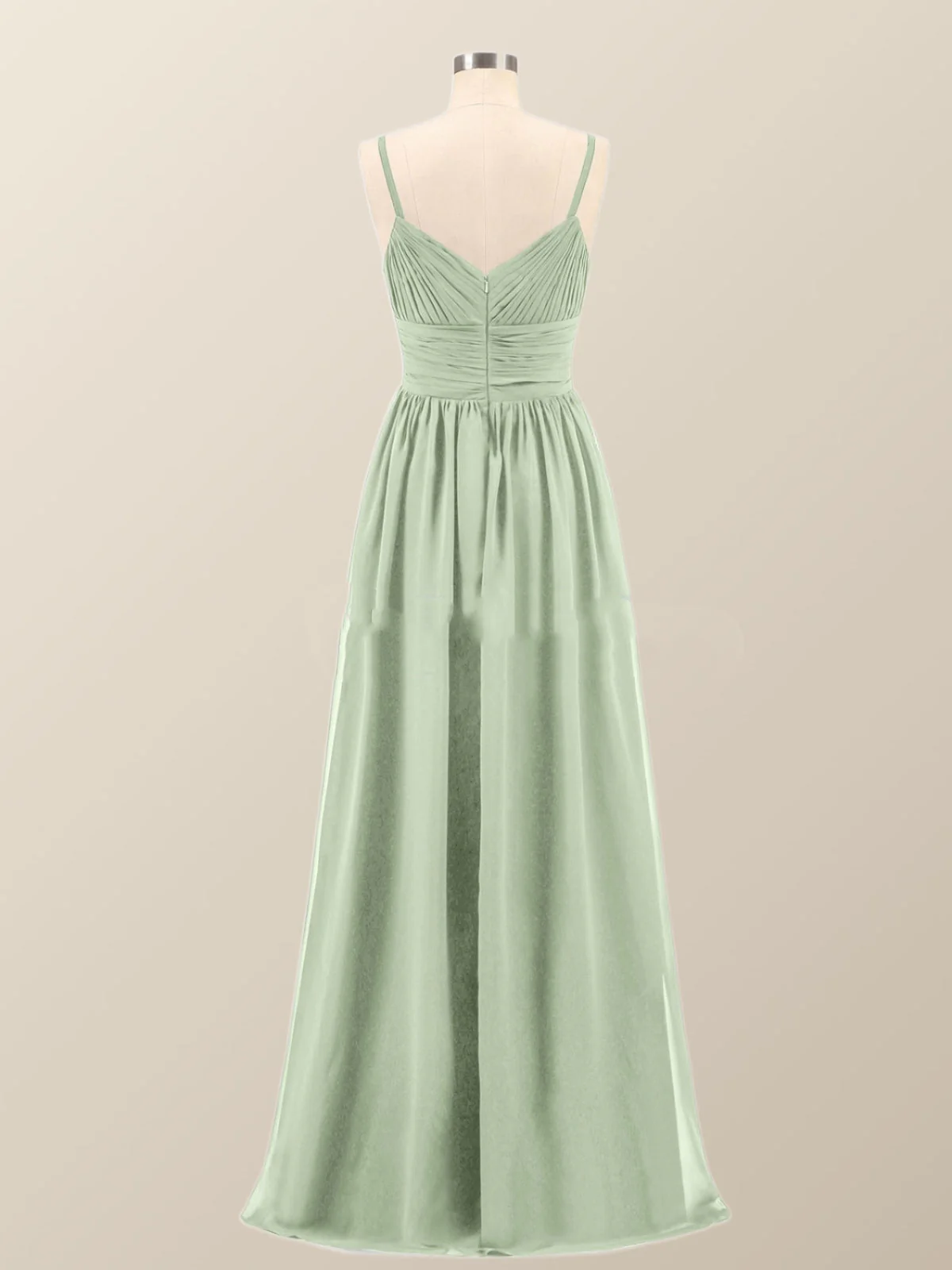 Sage Green Straps Pleated Empire Long Bridesmaid Dress