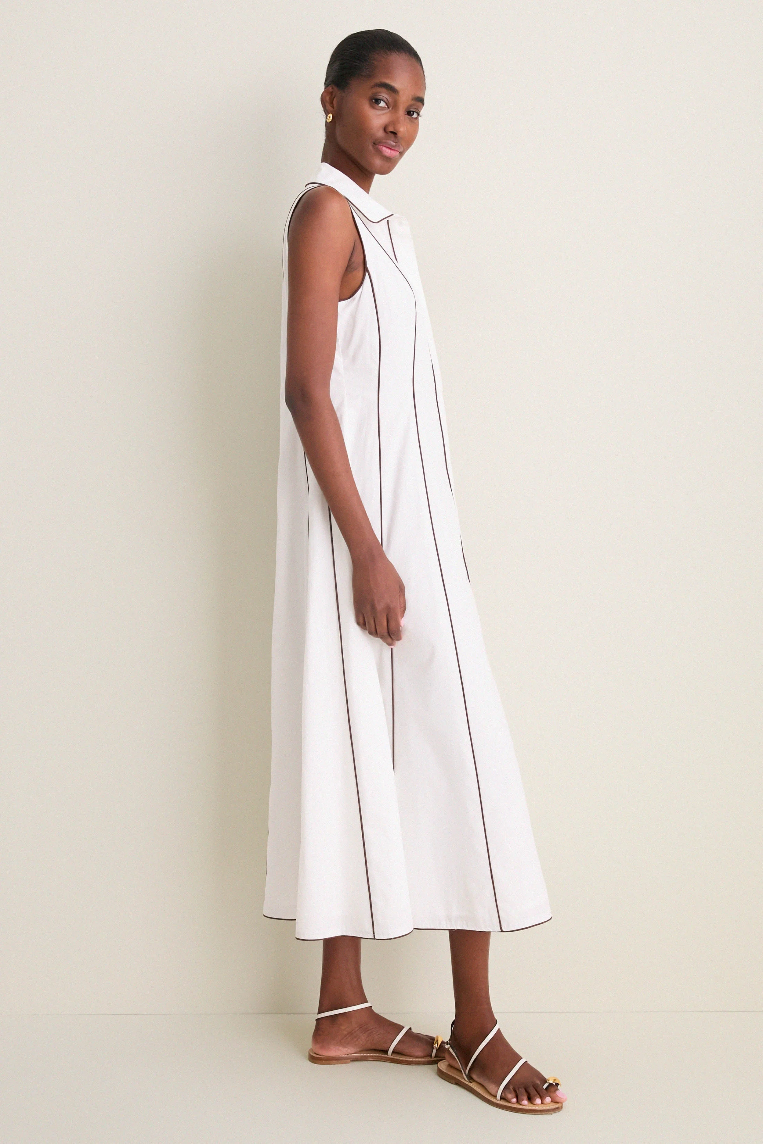 White With Chestnut Piping Fontaine Dress