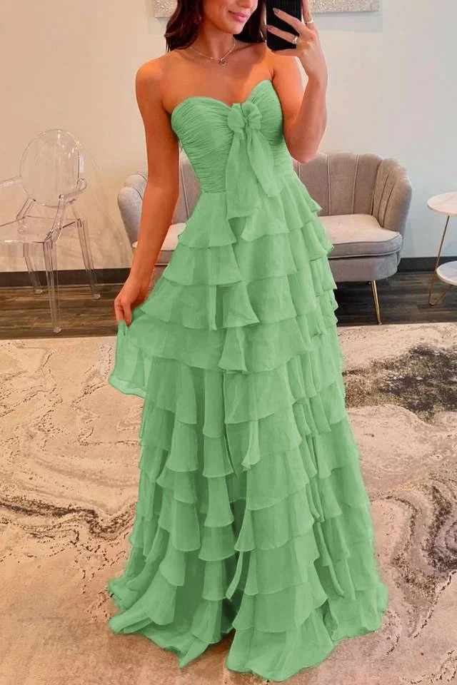 Cinizia | Chiffon Fuchsia Sweetheart Tiered Ruffles Prom Dress with Slit