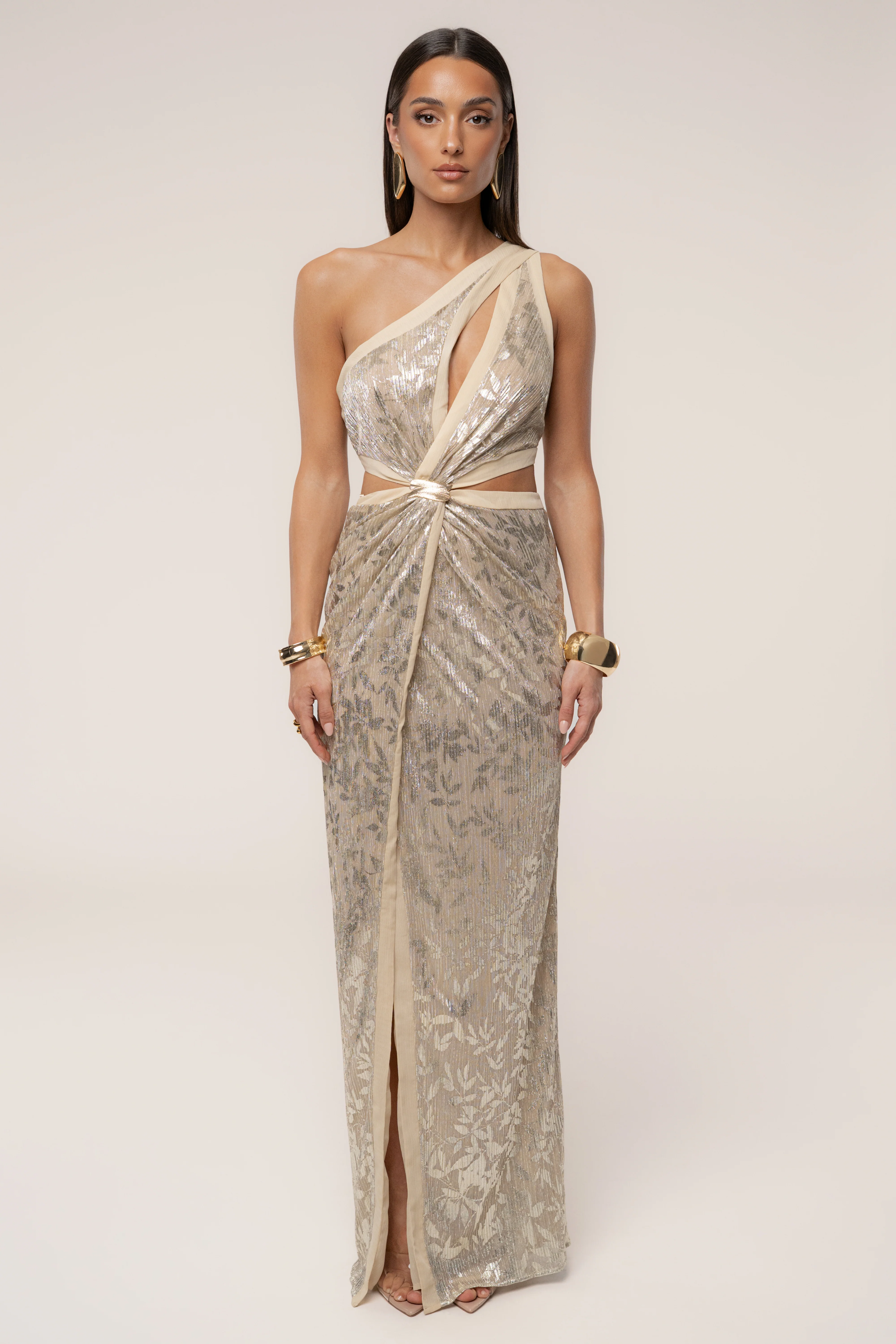Gold One Shoulder Keyhole Dress
