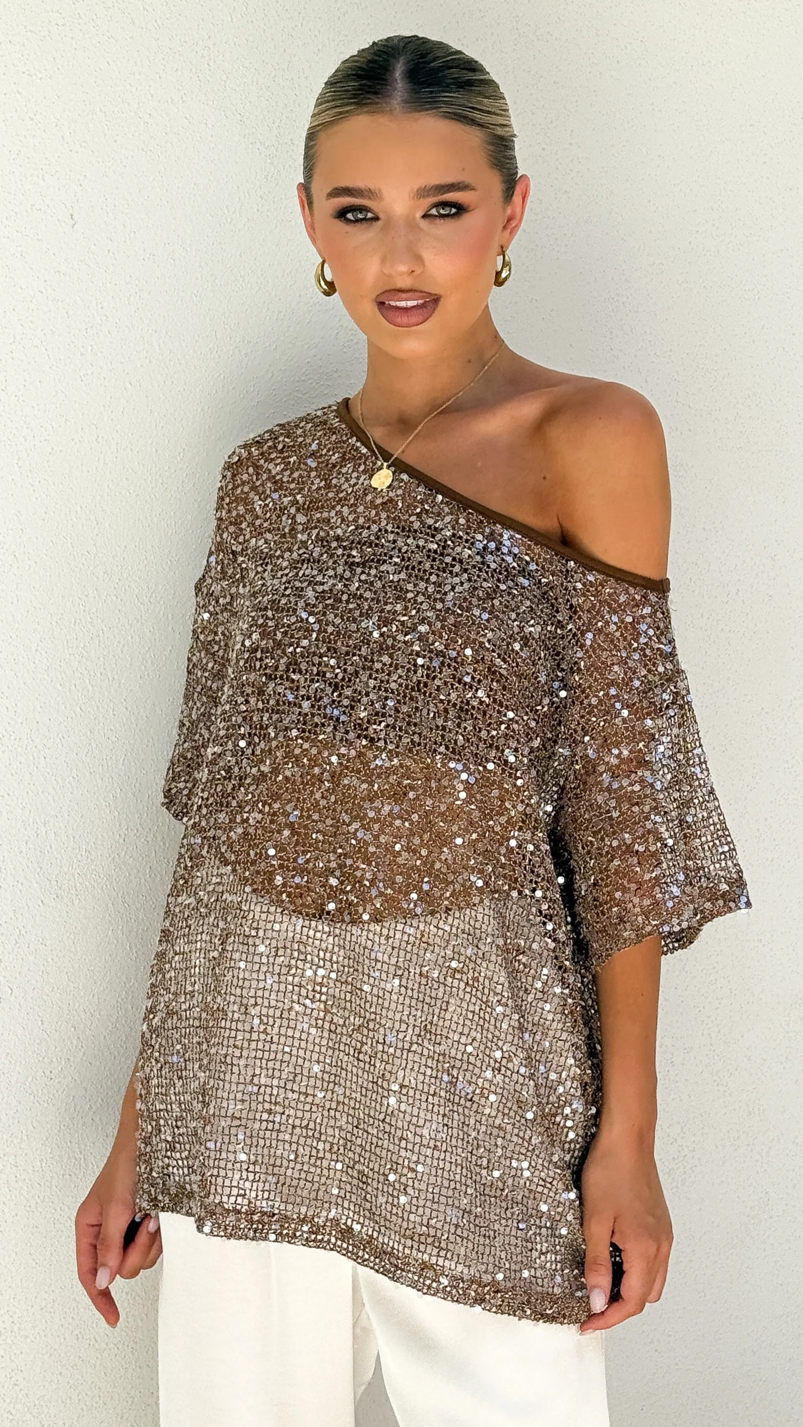 Zinnie Sequins Off Shoulder Top - Mocha