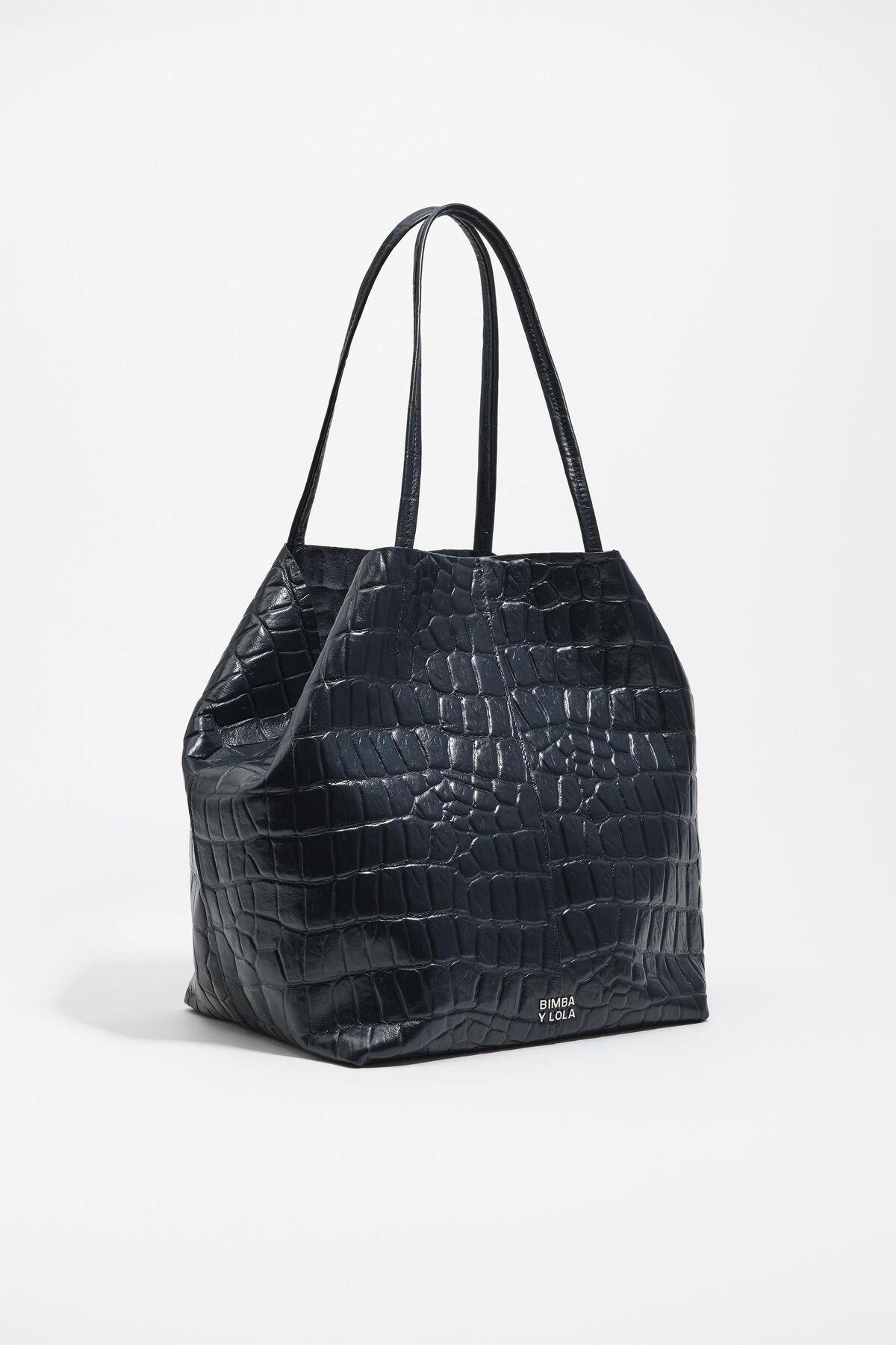 Large leather shopper bag in petrol blue crocodile embossed
