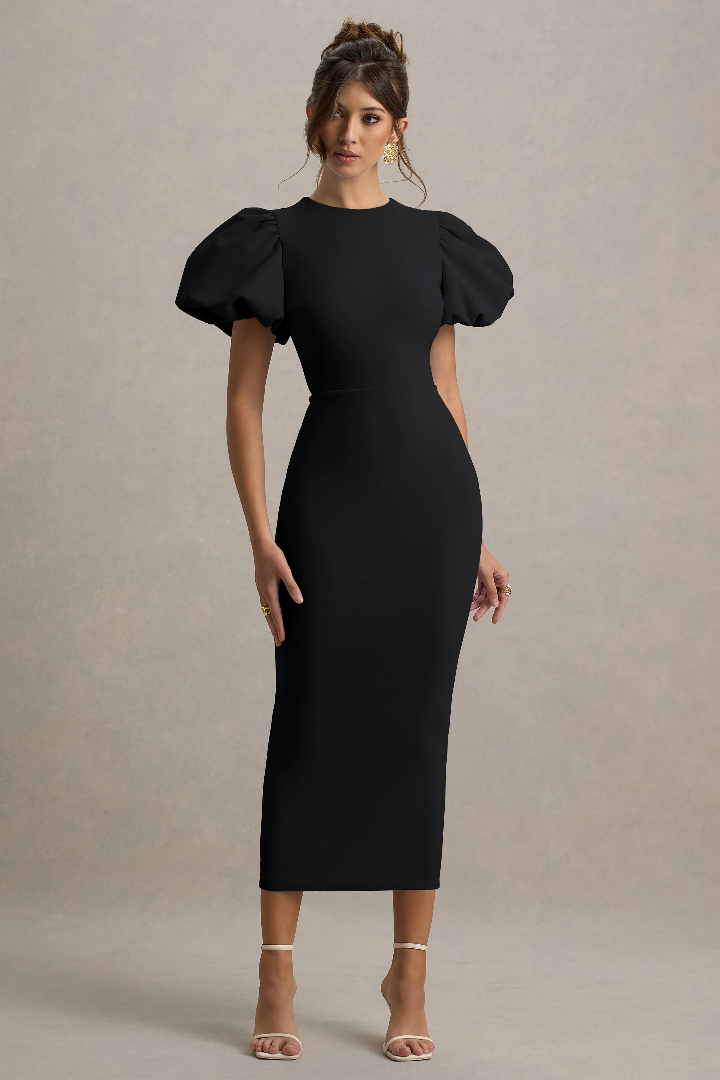 Dakota | Black Puff Sleeve Midi Dress With Back Split
