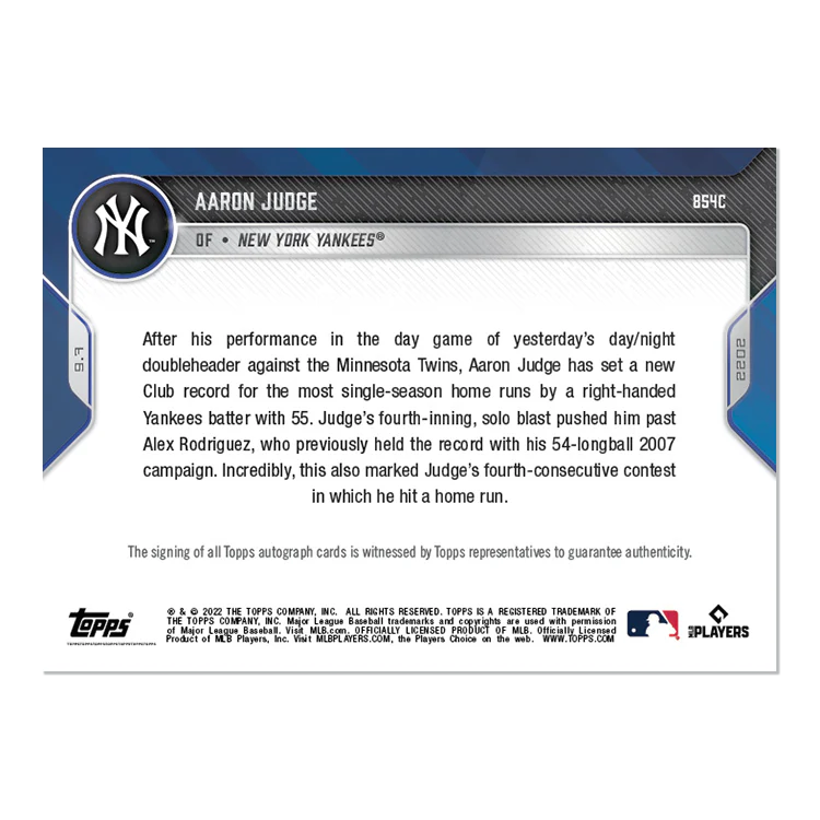 On-Card Auto # to 25 - Aaron Judge - 2022 MLB TOPPS NOW® Card 854C