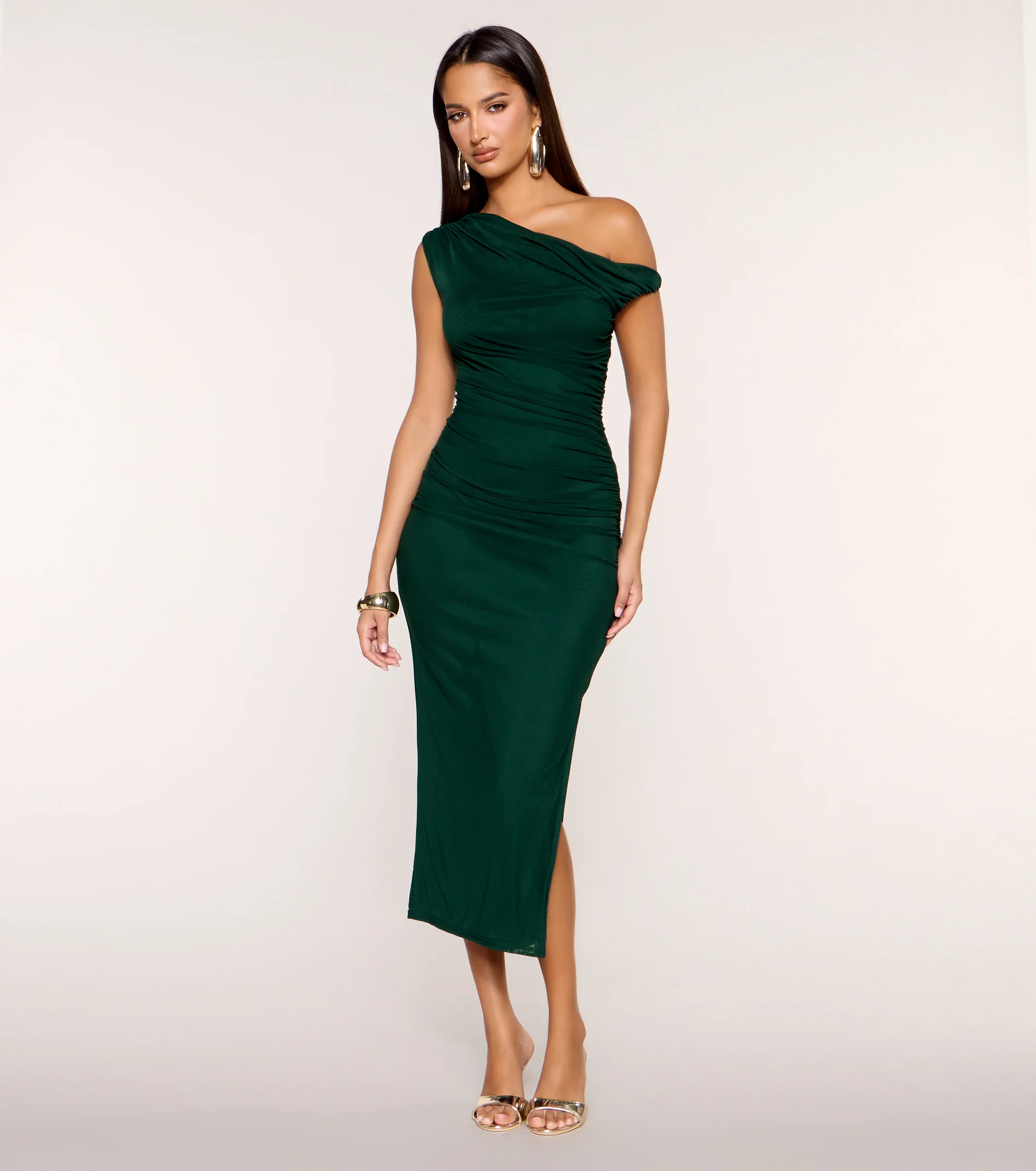 Curve Shift Ruched Off-Shoulder Bodycon Midi Dress