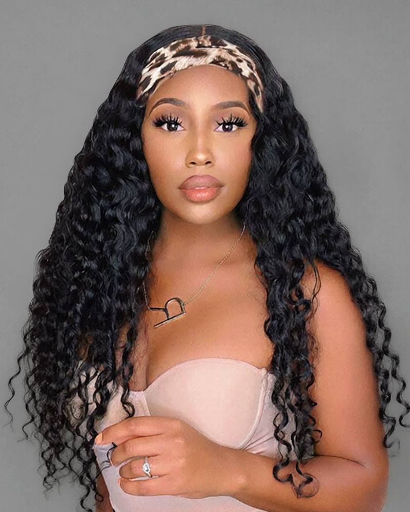 Ophirawig Headband Wig Natural Black Water Wave Wig For Beginners 100% Human Hair Wig