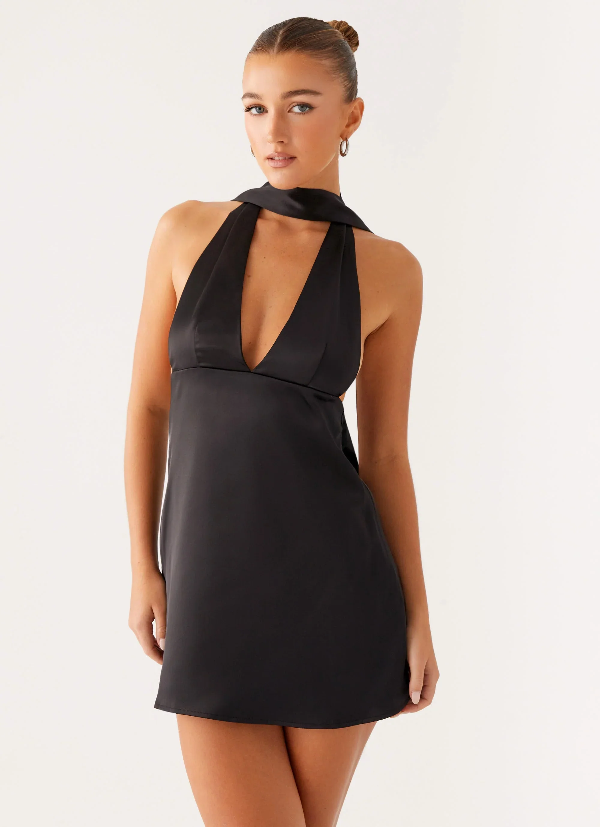Alicia Satin Halter Mini Dress - Black