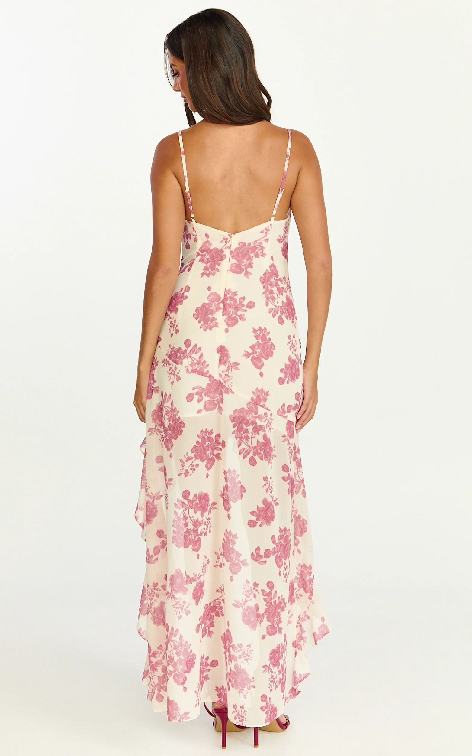 Lila Maxi Dress - Cowl Neck Asymmetric Frill Skirt Dress in Toile De Joie Print