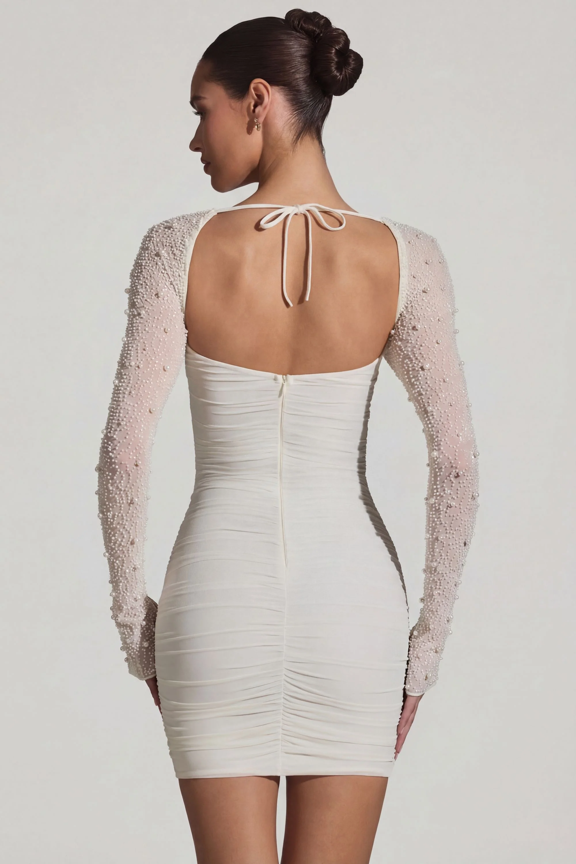 Embellished Long-Sleeve Mini Dress in White