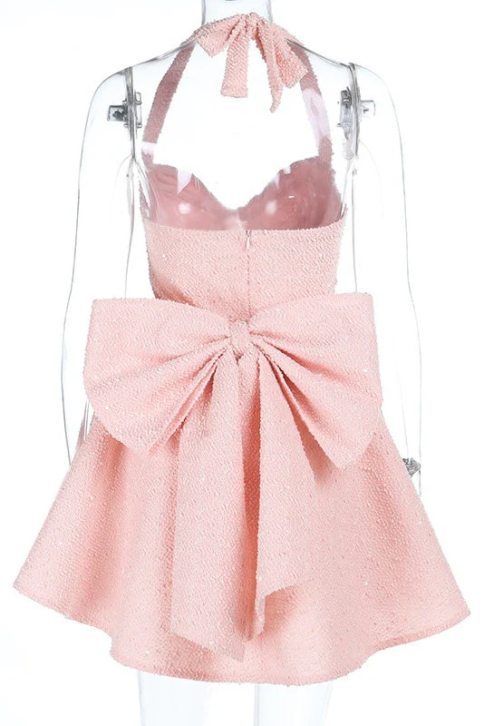 Halter Pink A-line Short Dress with Bow