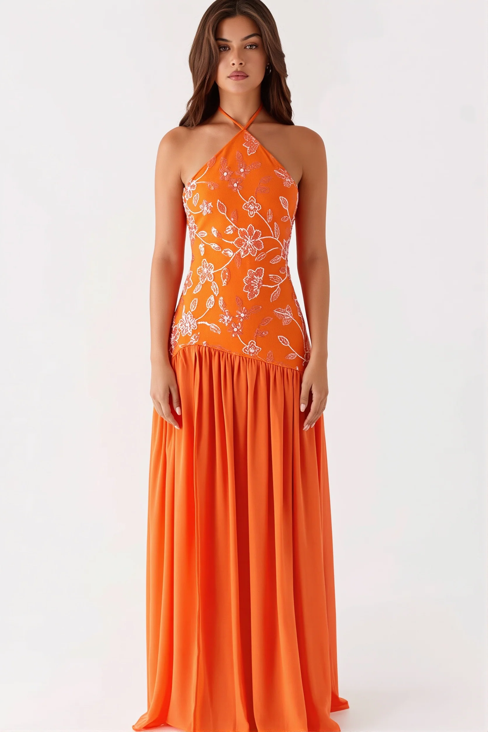Beaded Splice Halter Neck Split Maxi Dress