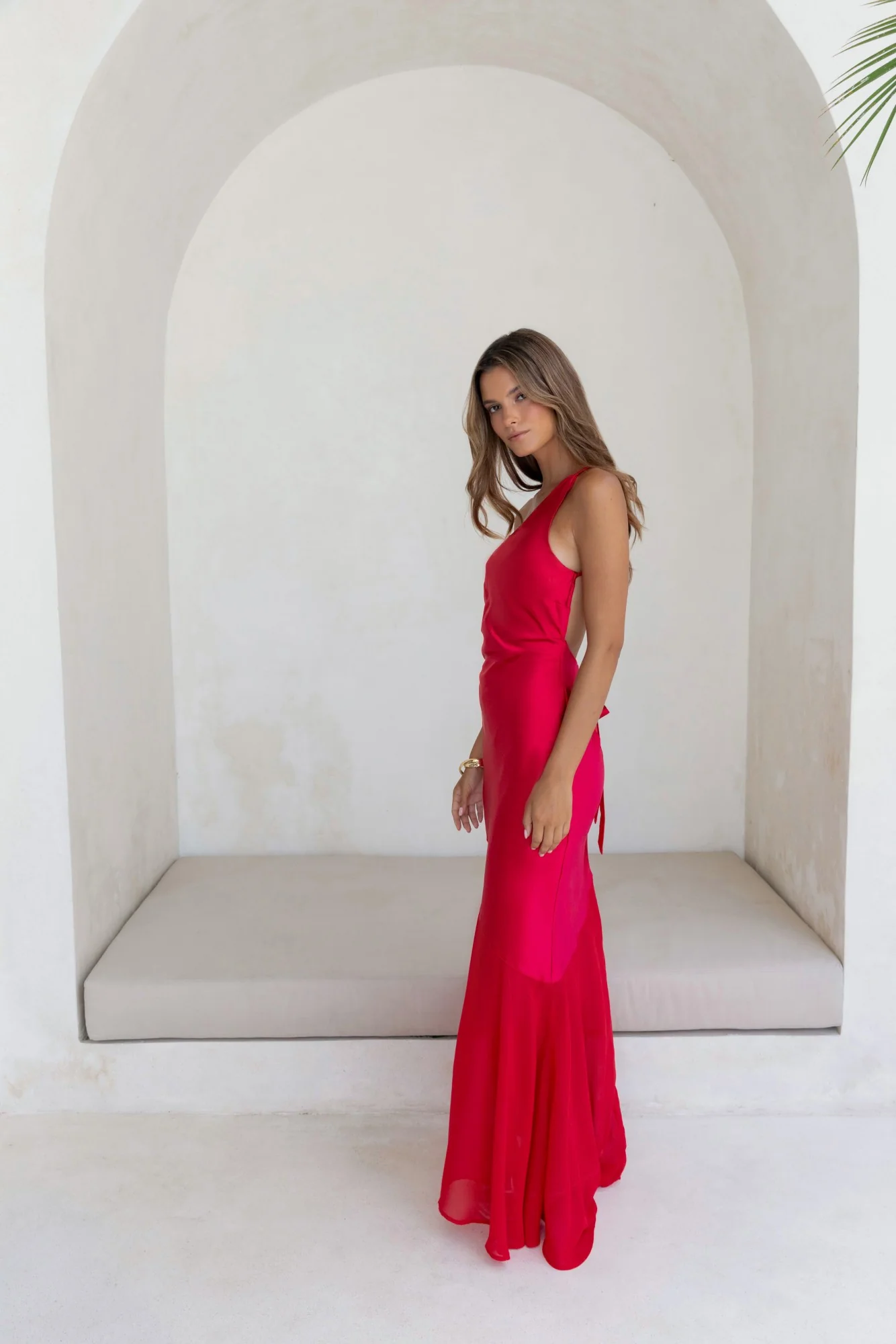 Chase The Thrill One Shoulder Satin Maxi Dress Red