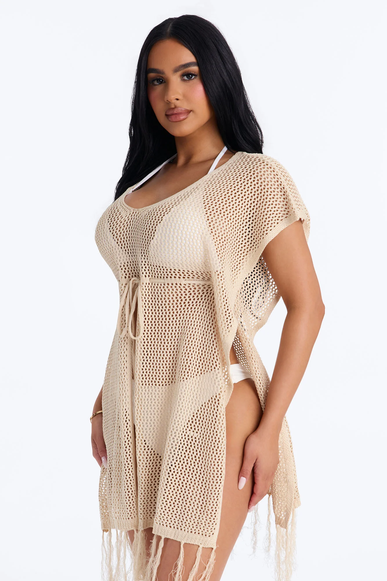 Umbrella In My Cup Tassel Trim Crochet Swim Cover Up Dress - Tan