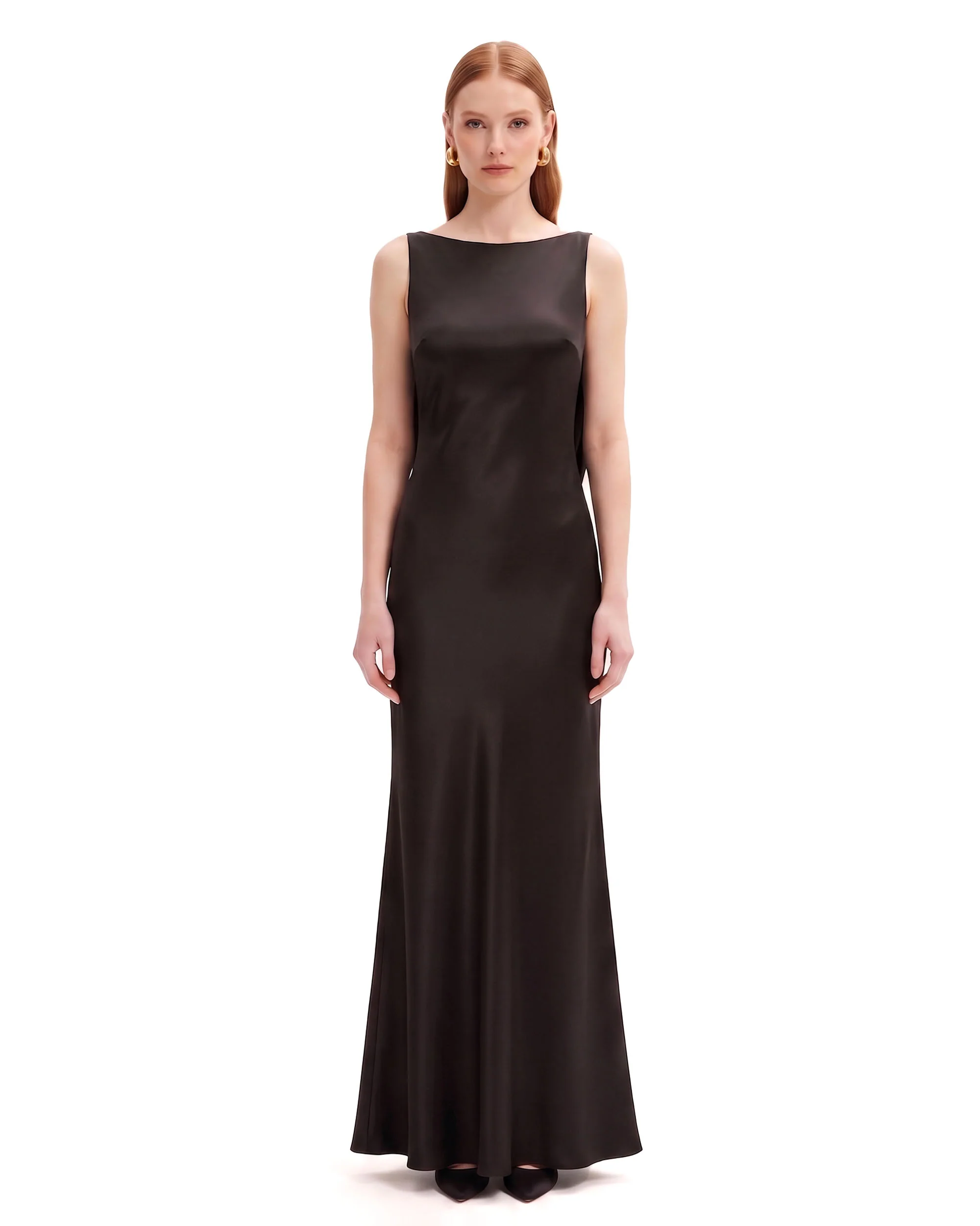 Tulip Appliqué Cowl-Back Satin Column Maxi Dress - Black