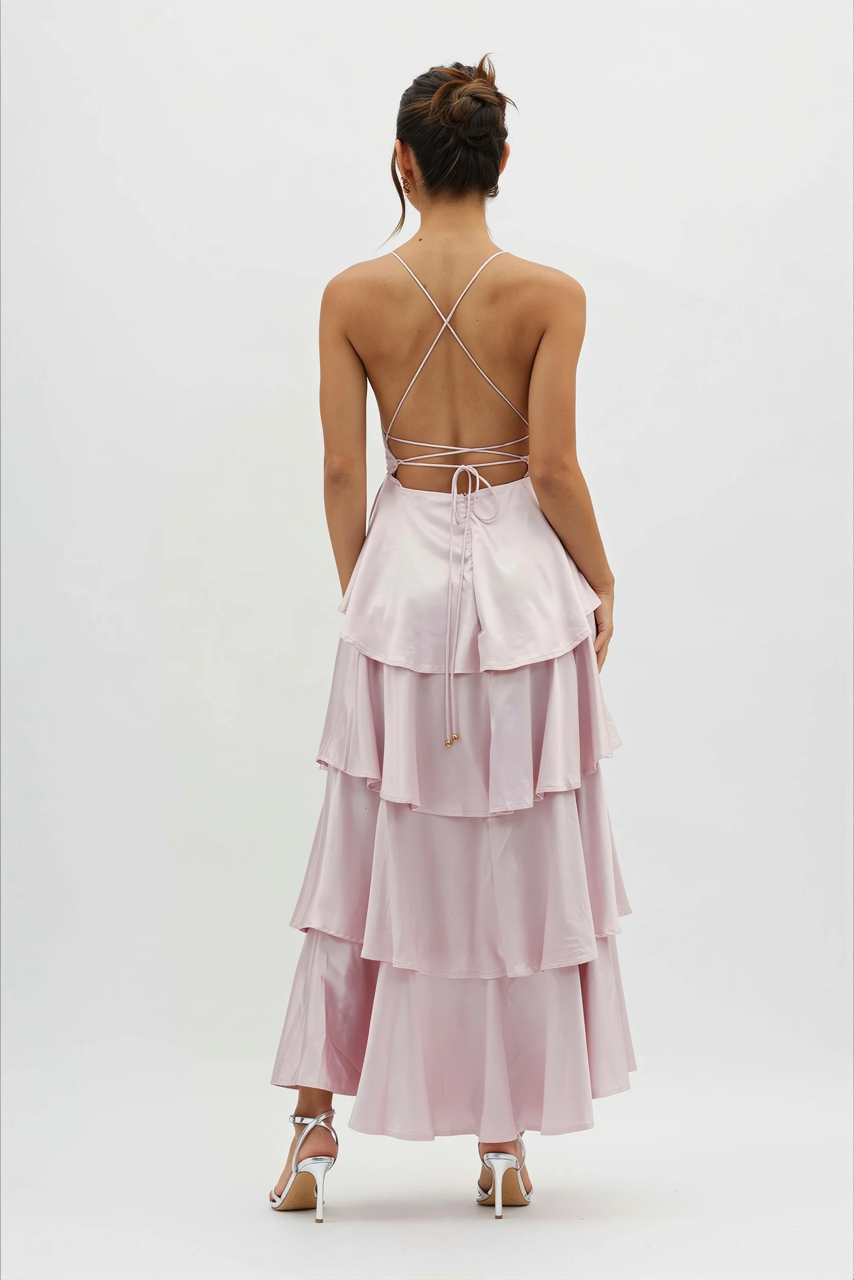 Satin V-Neck Cami Tiered Slim Maxi Dress