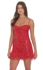 Sequin Embroidered Floral Babydoll Dress in Red