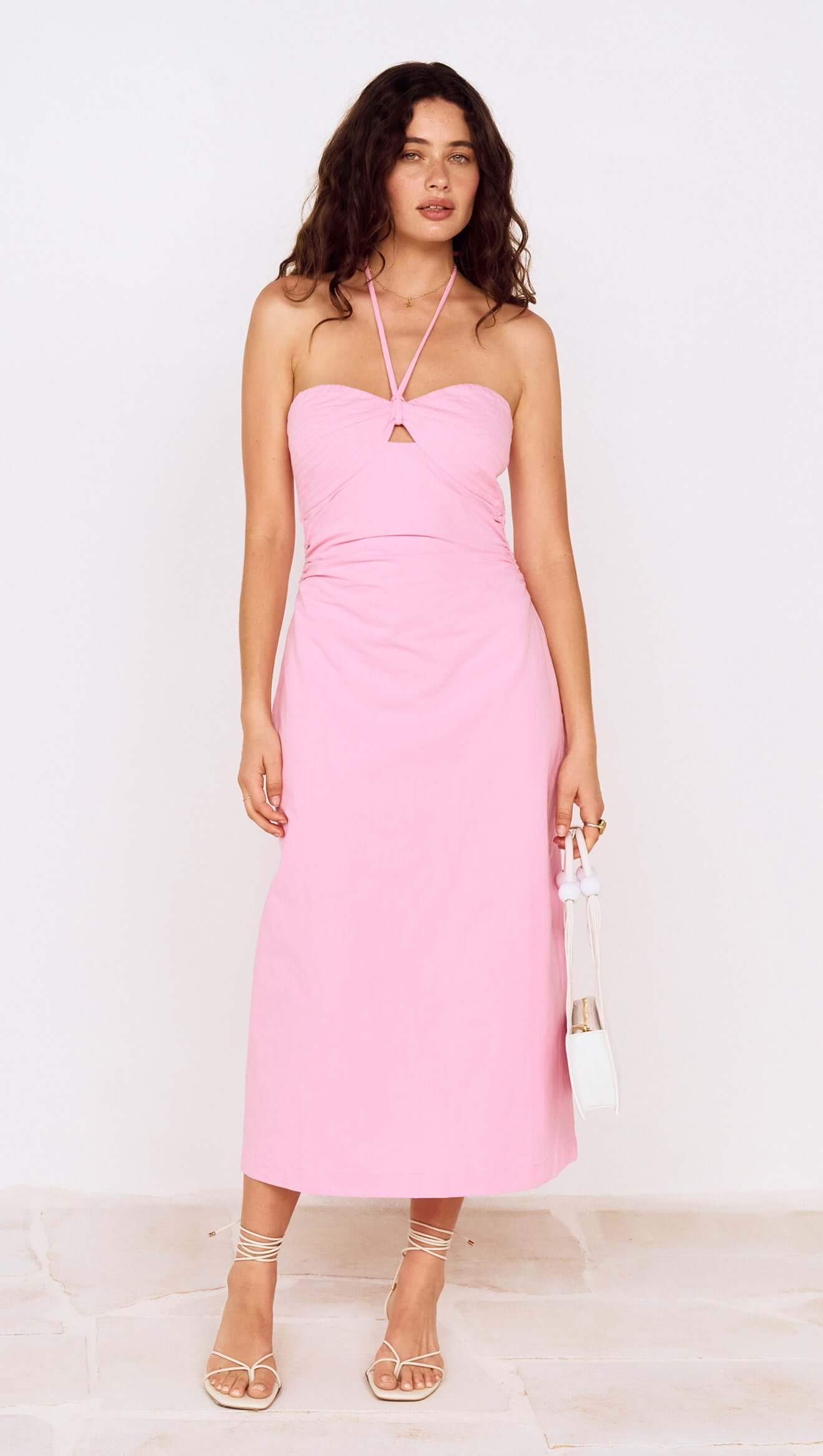 Pink Keyhole Detail Halter Neck Midi Dress