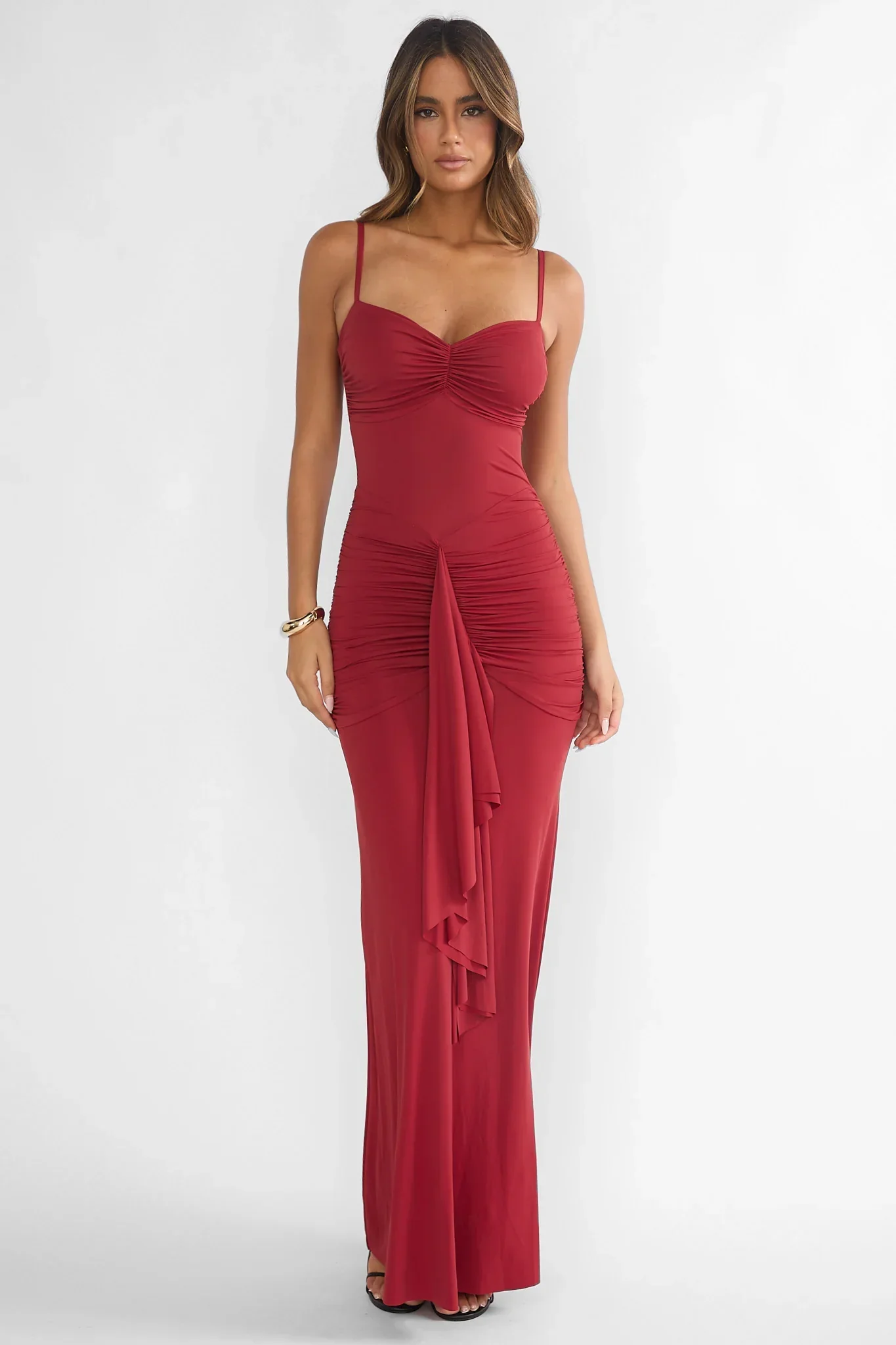Lunara Ruched Cascade Sash Dress Wine