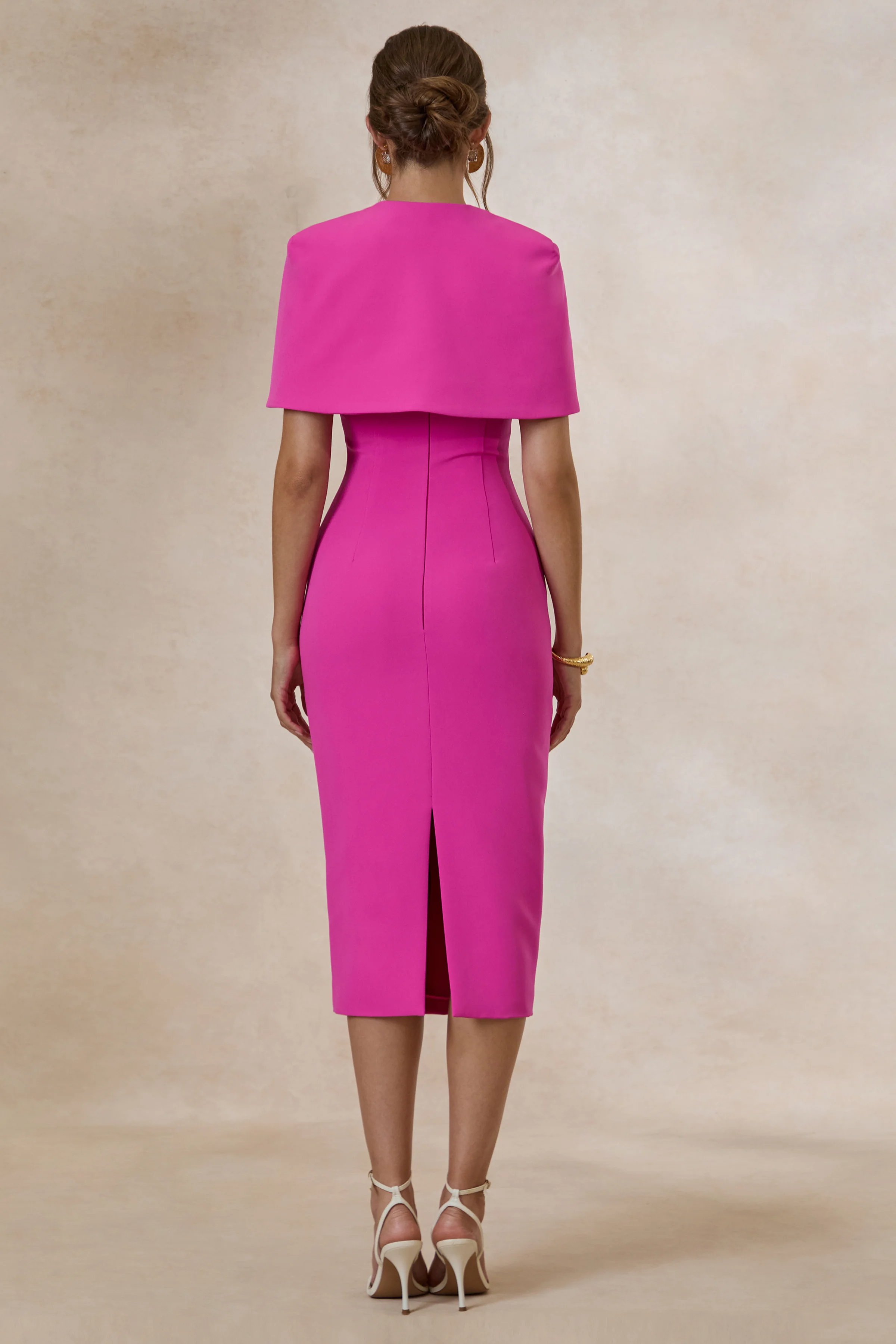 Celandia | Hot Pink Round Neck Midi Dress With Detachable Cape And Back Split