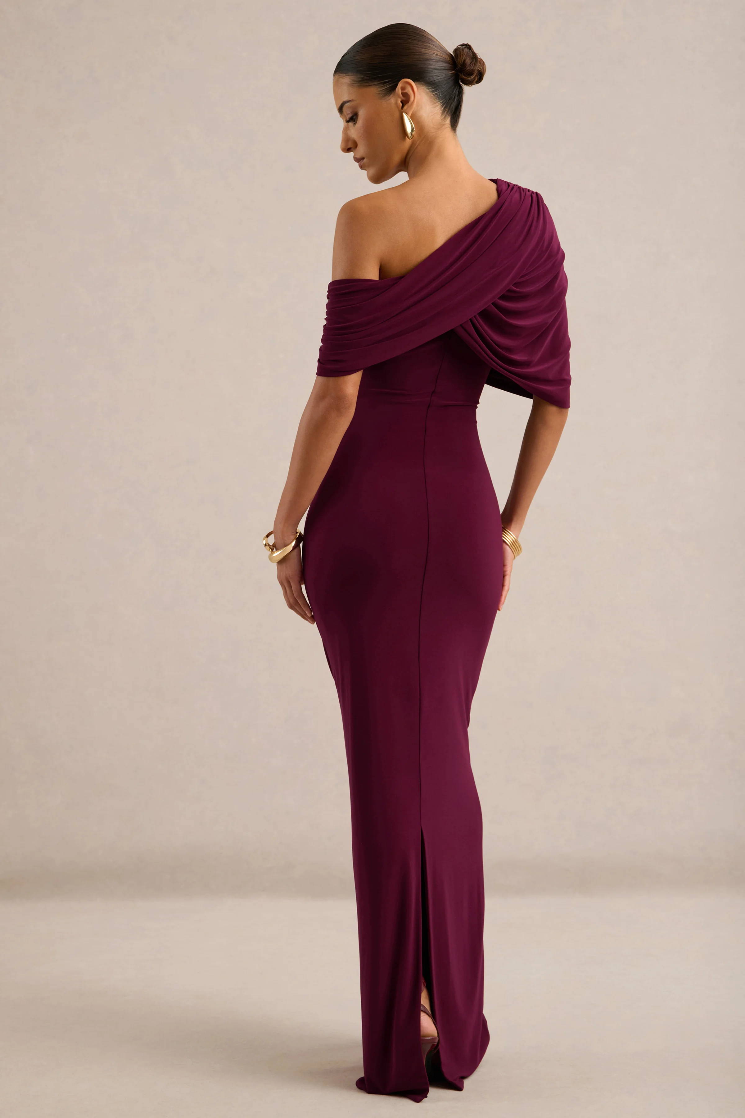 Solenne | Burgundy Jersey One Shoulder Short Sleeve Maxi Dress With Ruching
