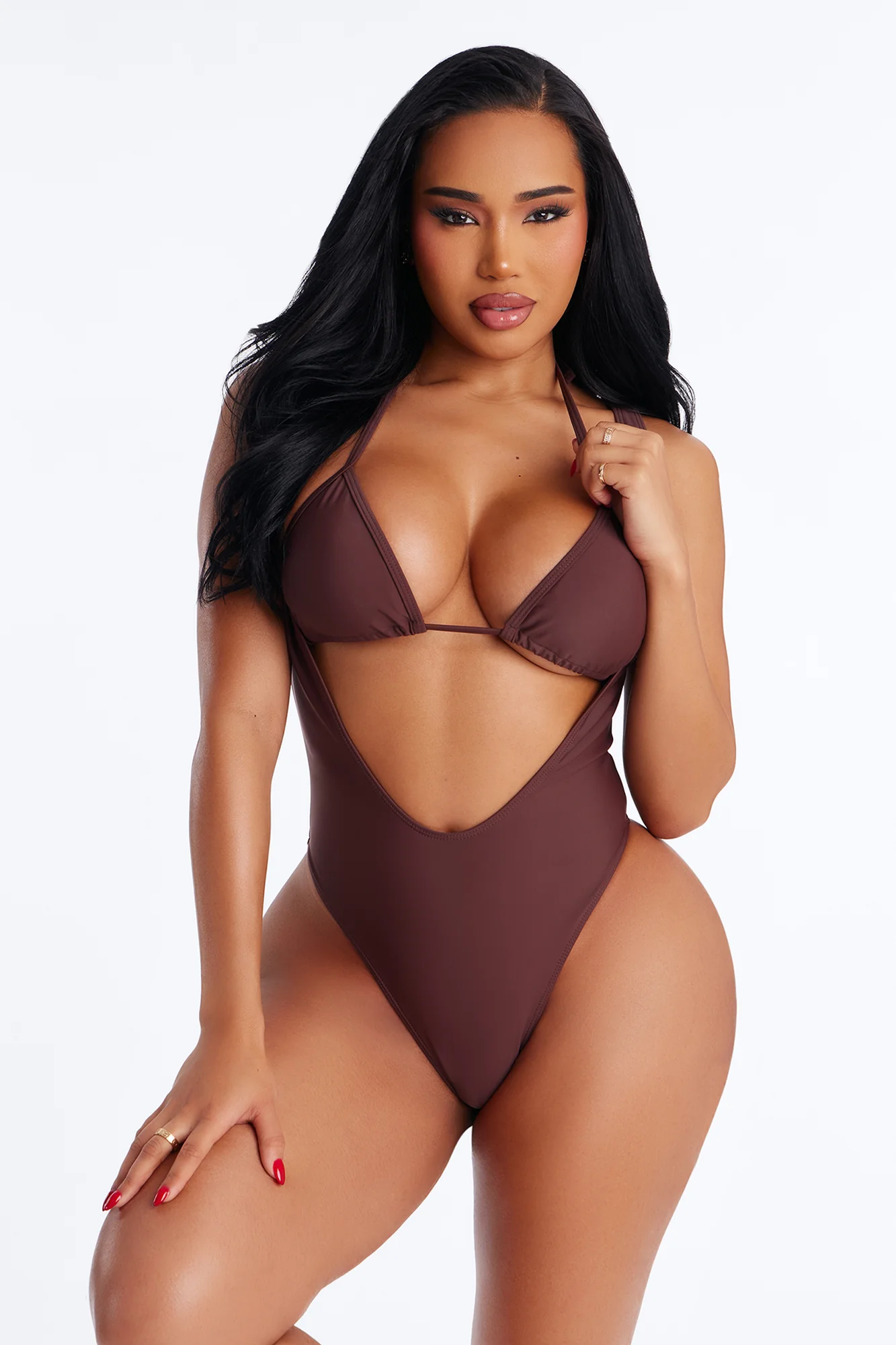 Leia Layered Triangle 1 Piece Swimsuit - Brown/combo