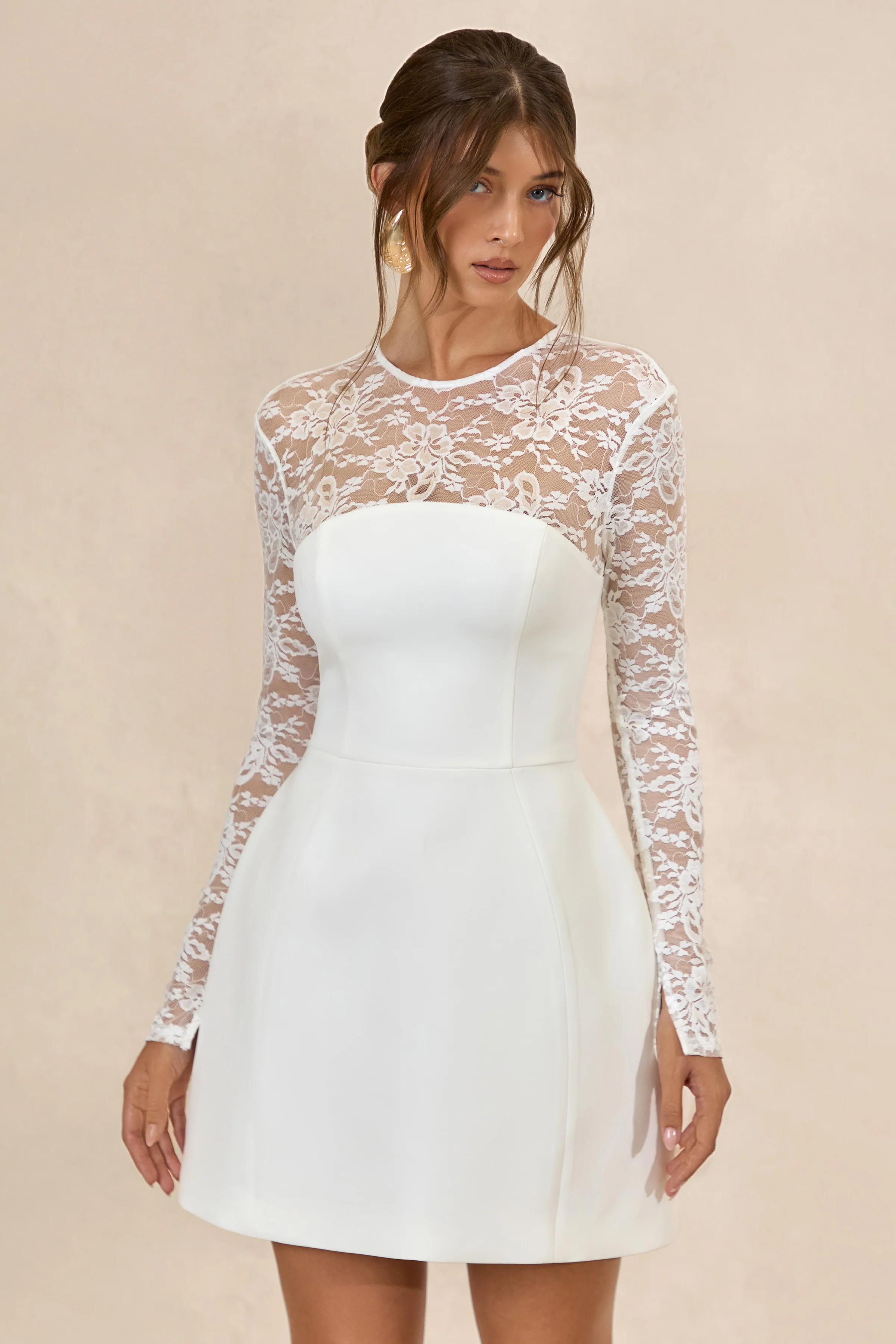 Aerin | White Lace Round Neck Long Sleeve Mini Dress With Sheer Detail