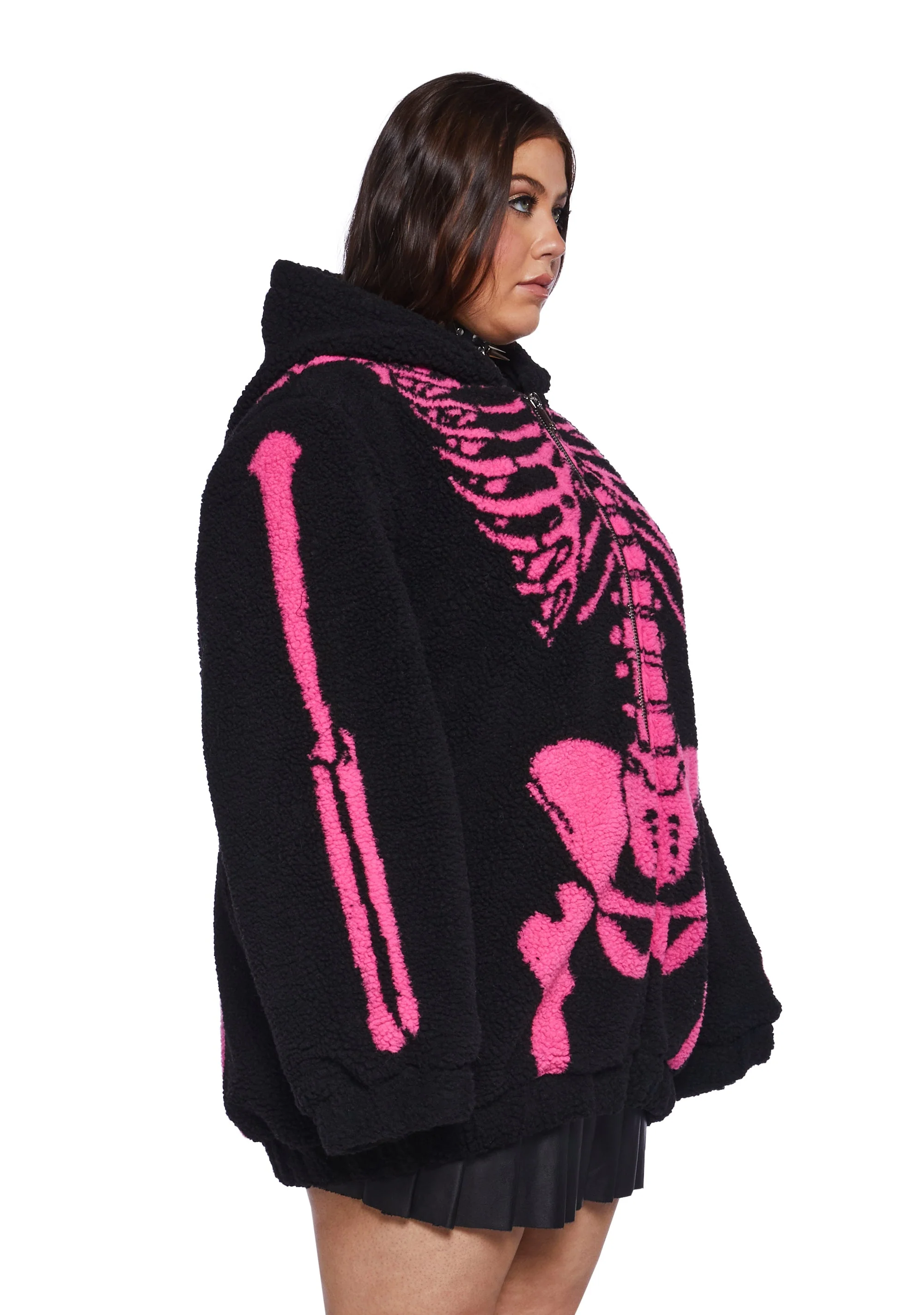 Baring It All Skeleton Hooded Sherpa Jacket - Pink