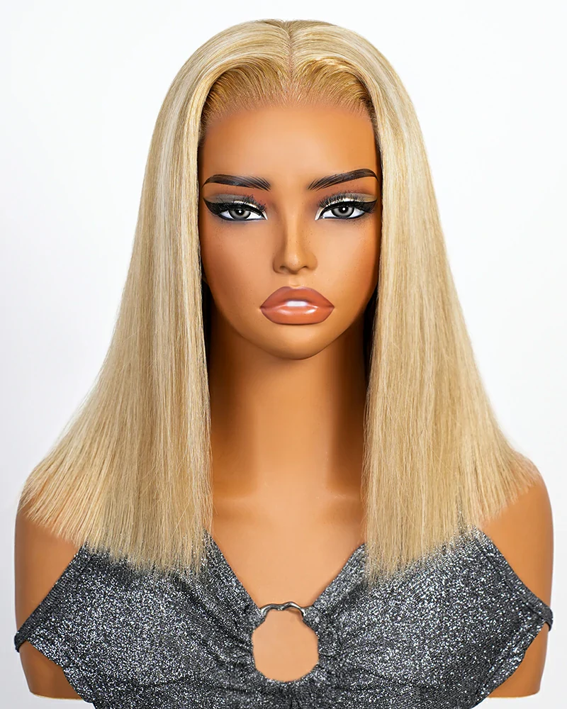 Ophirawig 6x5 Invisible Knots Glueless Blonde Khaki Highlight Straight Bob Wig Pre-cut Lace Beginner Friendly