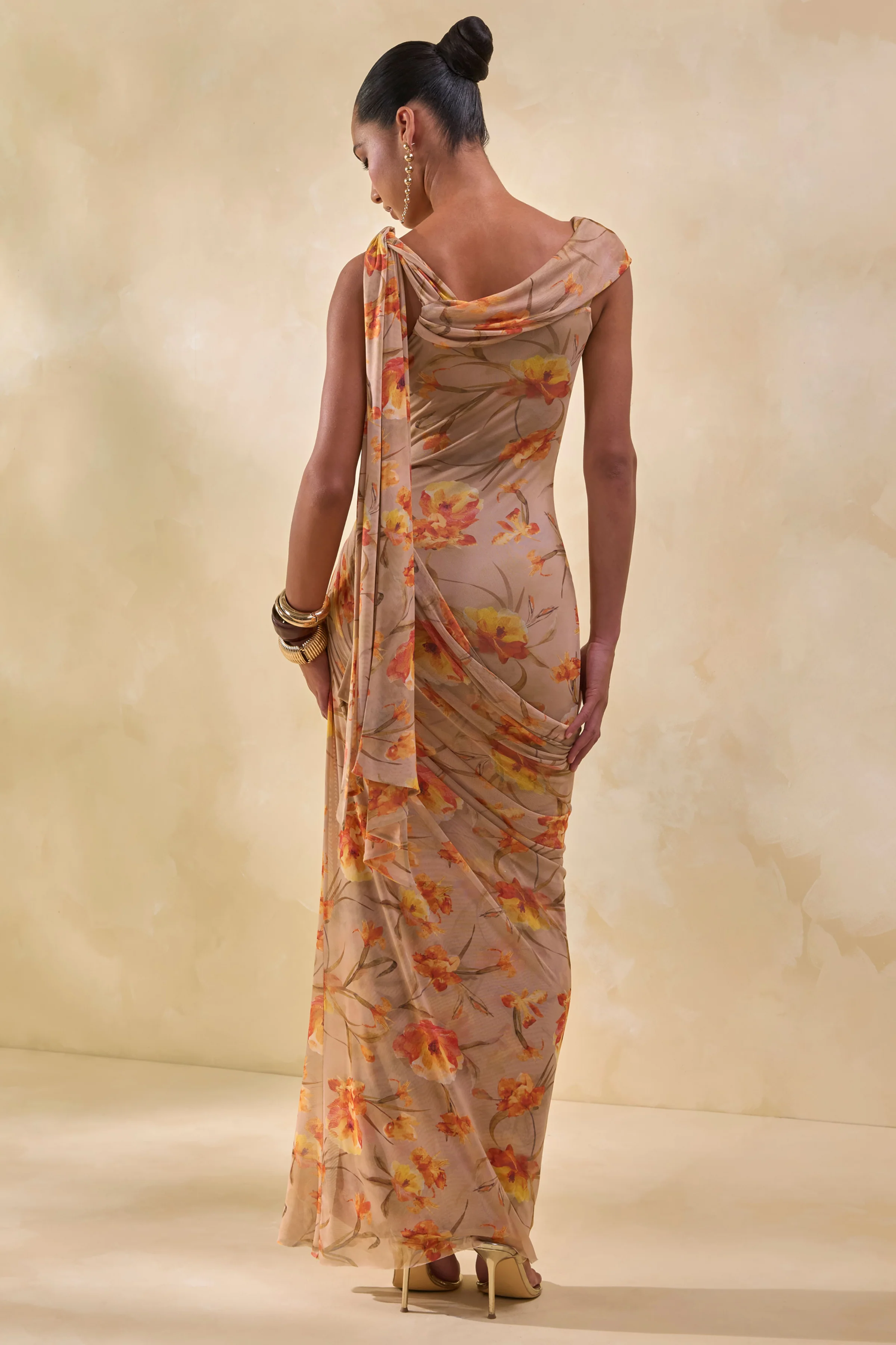 Afton | Orange Floral Mesh Asymmetric-Neck Maxi Dress With Sash Detail